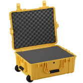 Yellow 25" large protective case with foam padding, wheels, and a handle, open to show interior cushioning for storage.