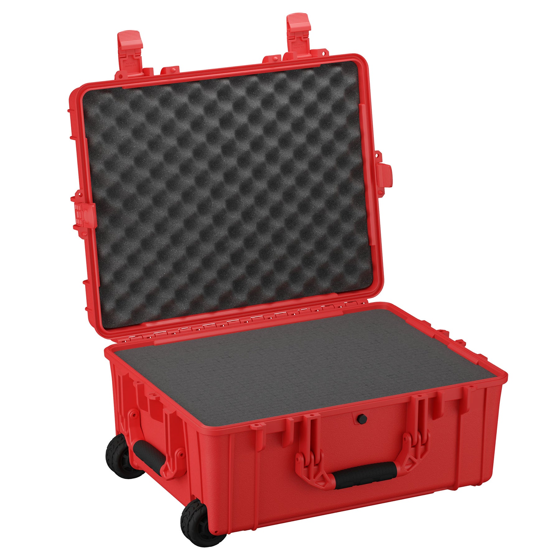 Alt text: "Large 25-inch red protective case with black foam interior, featuring wheels and sturdy handles, open and standing upright, suitable for transporting sensitive equipment."