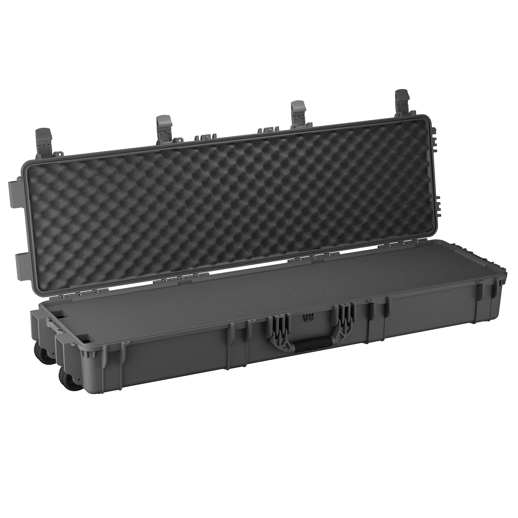 Open 55-inch long protective hard case with foam interior and foam-lined lid, designed for secure storage and transport.