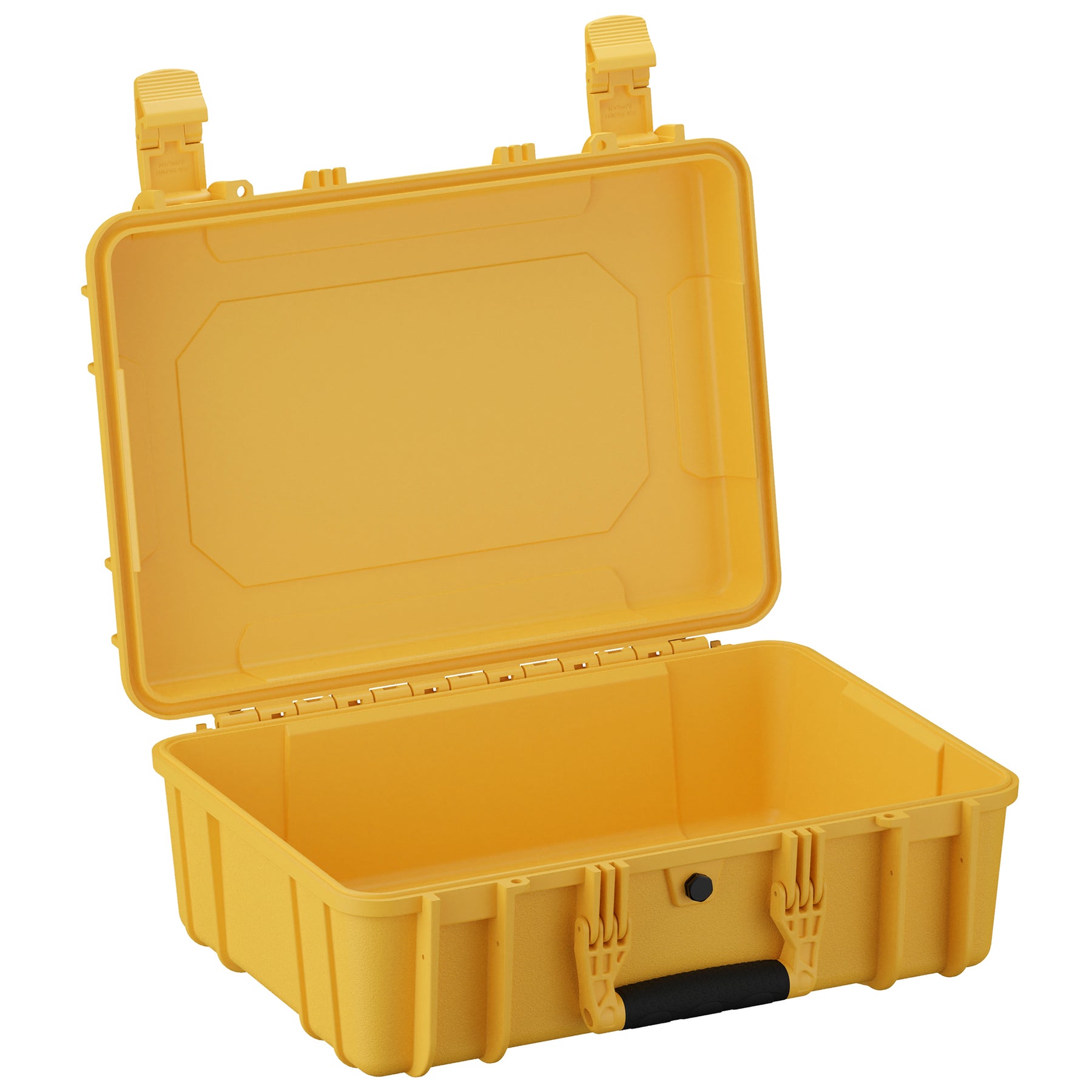 Open yellow 18" medium case with a black latch, sturdy handle, and spacious interior for storage and organization.
