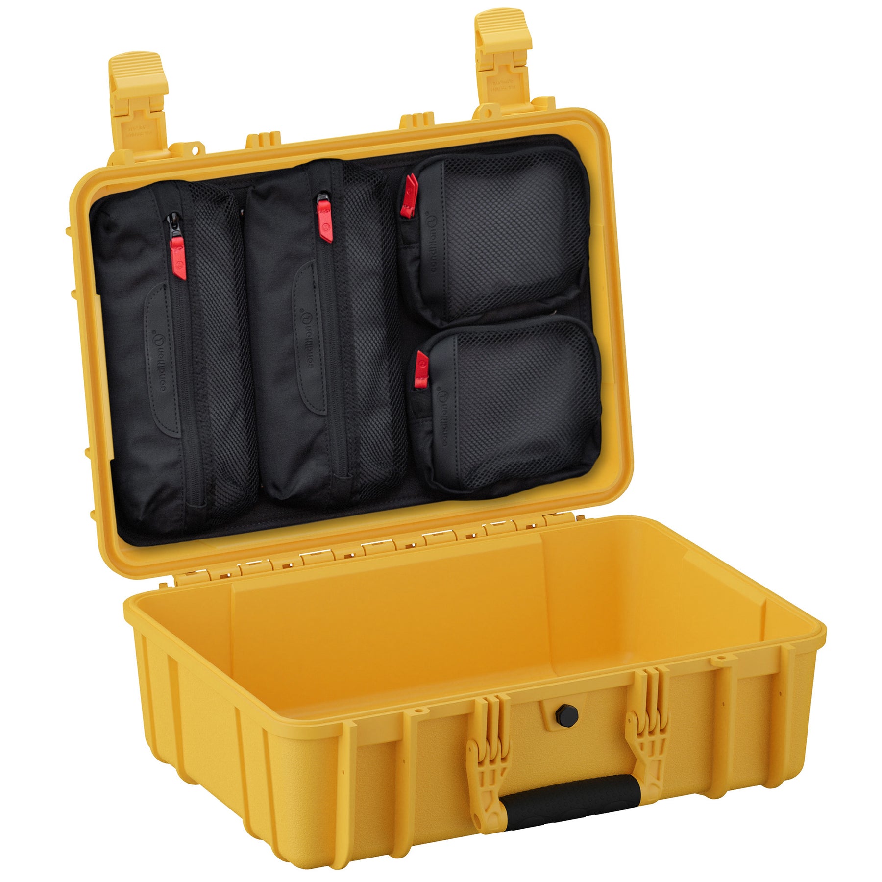 Yellow 18-inch medium case with black interior, multiple zippered compartments, and sturdy handle for storage and transport.