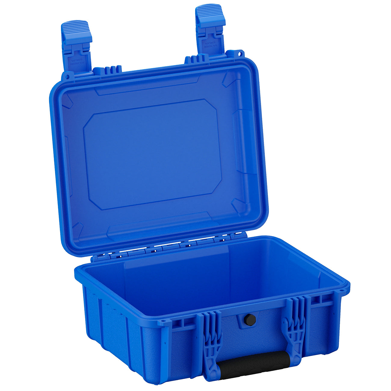 Alt text: Blue 14-inch medium-sized plastic case with lid open, revealing an empty interior and sturdy handles, suitable for secure storage and transport.