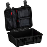 Alt text: "Open 16-inch medium black protective case, model #179, displaying internal features including zippered mesh pockets and a deep empty lower compartment, with robust dual latch closures visible."