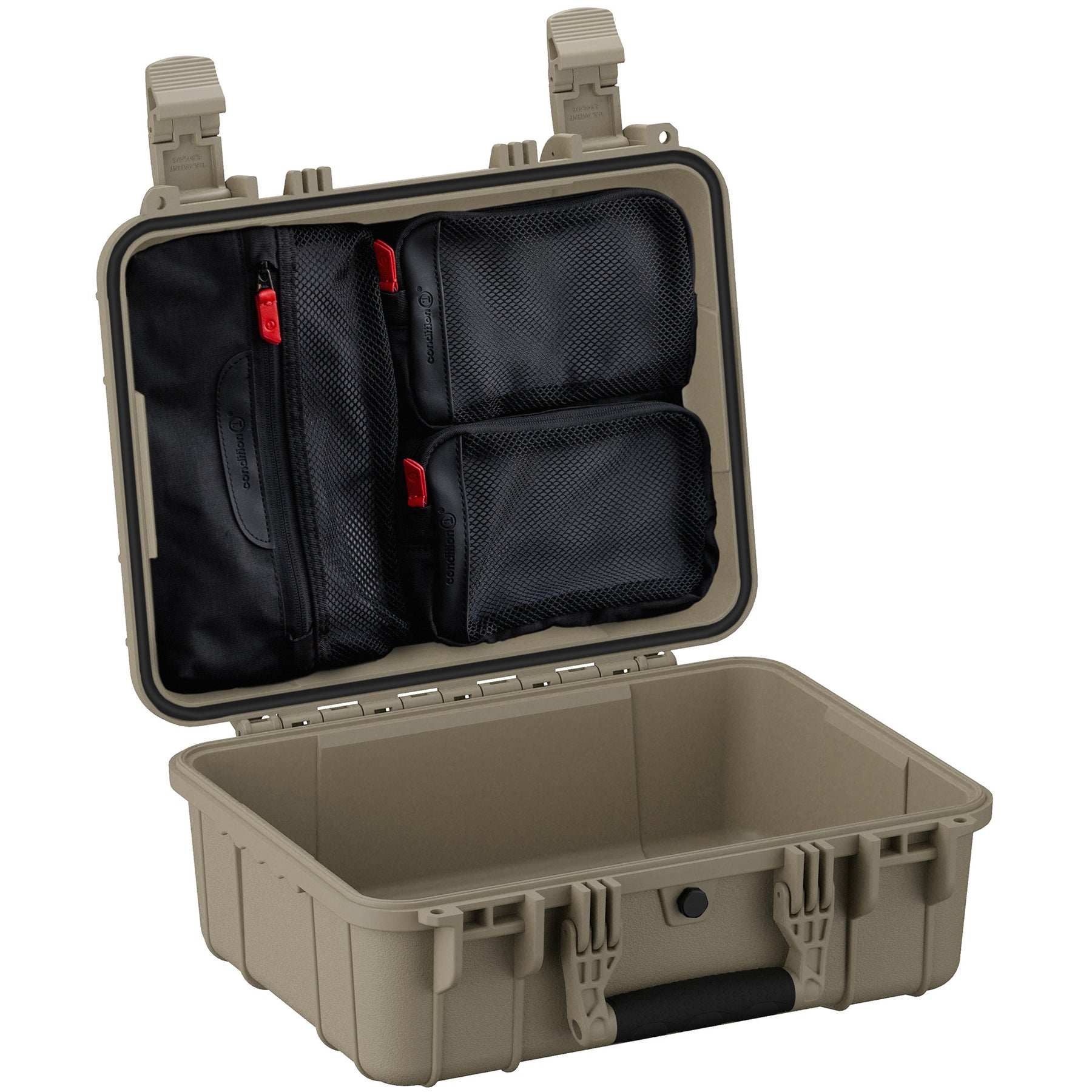 Alt text: "Open 16-inch medium protective case in tan color, displaying internal organization features with mesh compartments, red zipper pulls, and sturdy outer latches."