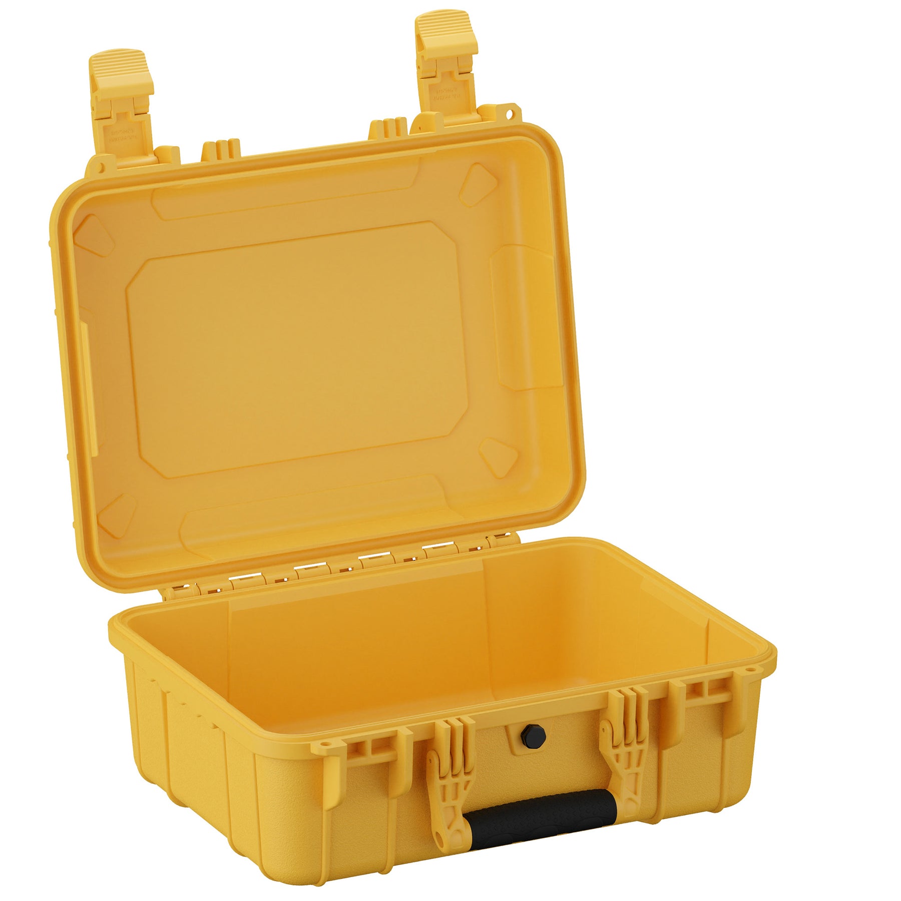 Yellow 16-inch medium case with a black handle, open lid, and secure latch, designed for storage and transport.