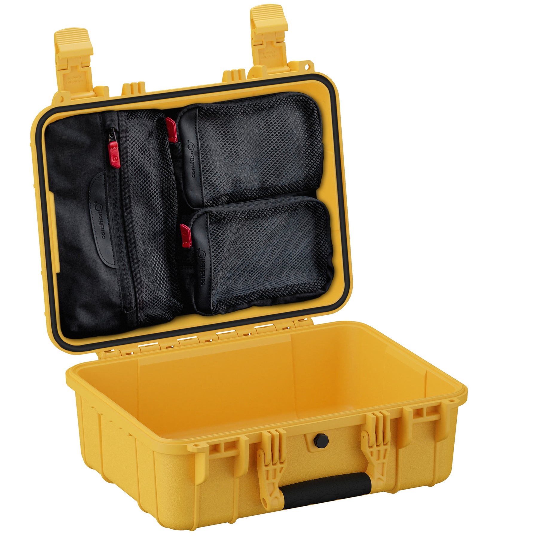 Yellow 16-inch medium case with black interior, multiple compartments, and secure latches for storage and transport.