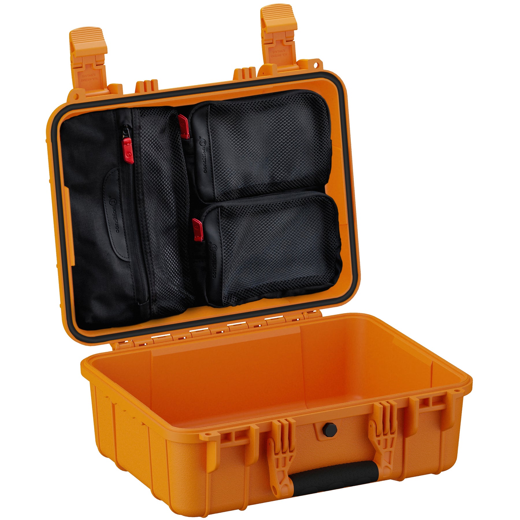 Alt Text: Open orange hard case with three black mesh pockets inside the lid, labeled with red tags, and an empty base compartment, suitable for storing and organizing tools or equipment.