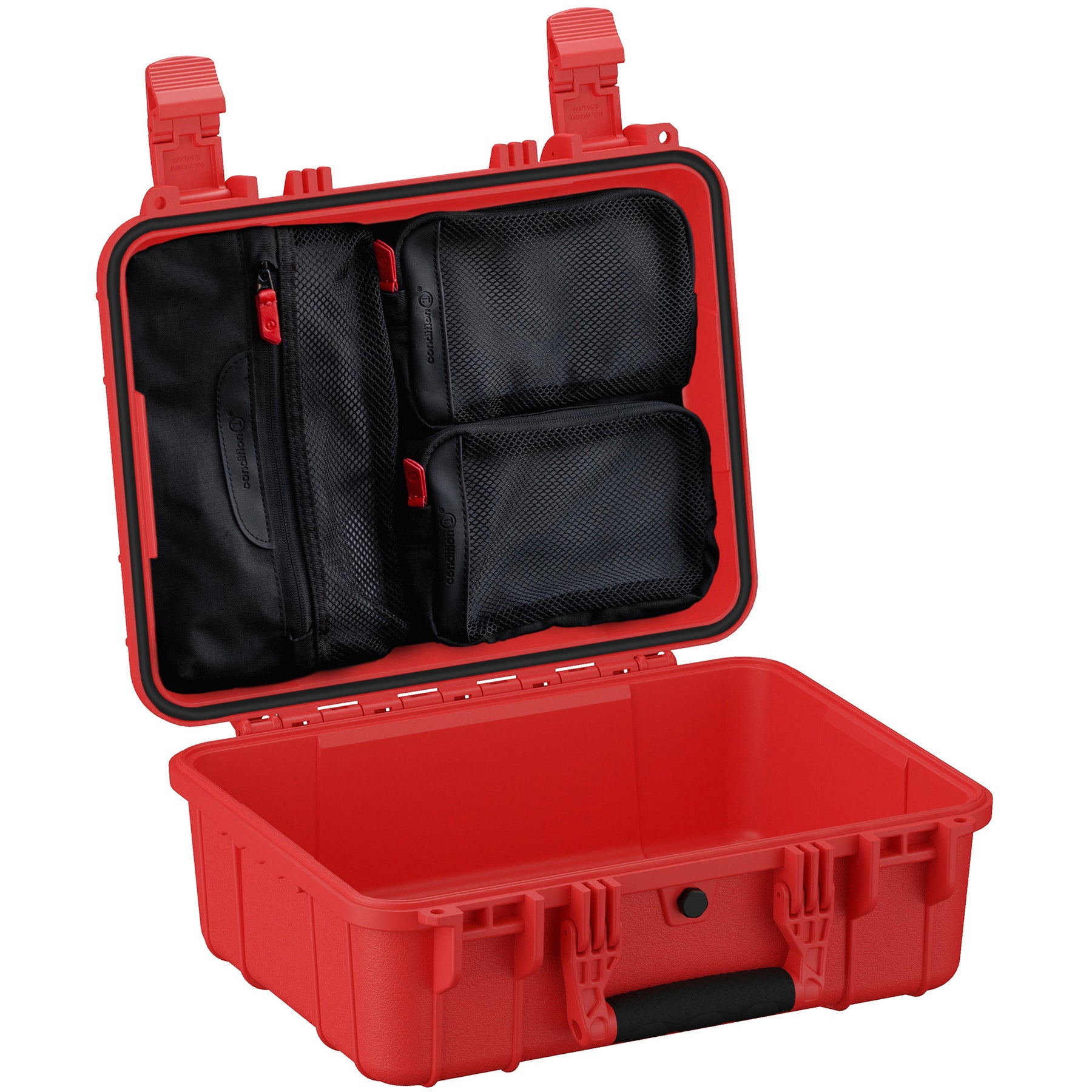 Open red medium-sized hard case, 16 inches, displayed with lid open showing internal organizational mesh compartments and pouches.