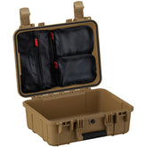 Alt text: Open 16-inch medium-sized rugged case in tan color, featuring internal black mesh pockets with red zippers for organization, and robust dual locking clasps on the exterior.