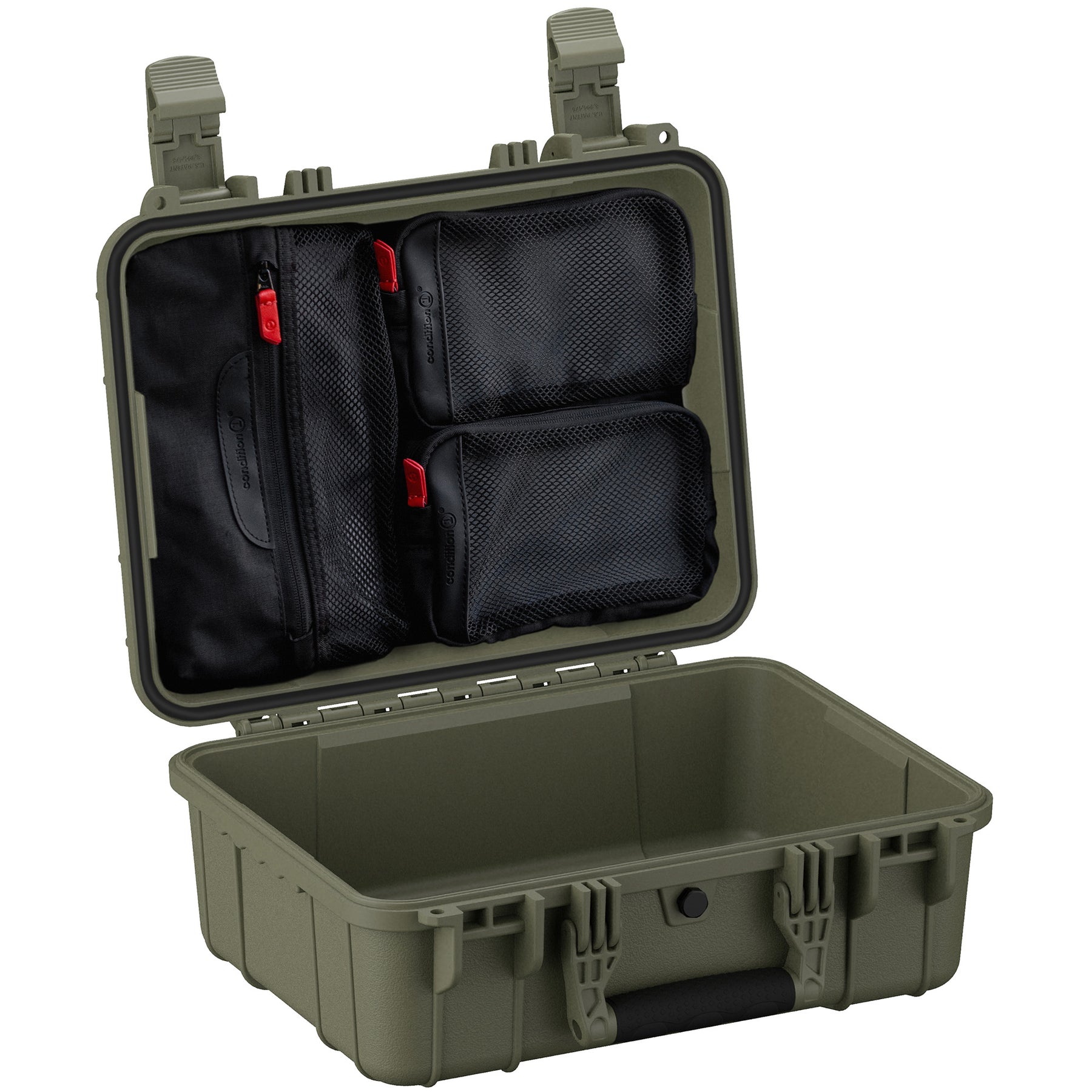 Alt text: "Open 16-inch medium-sized rugged case in army green with lid featuring multiple internal black mesh organizer pouches with red zipper pulls, designed for secure and organized storage."