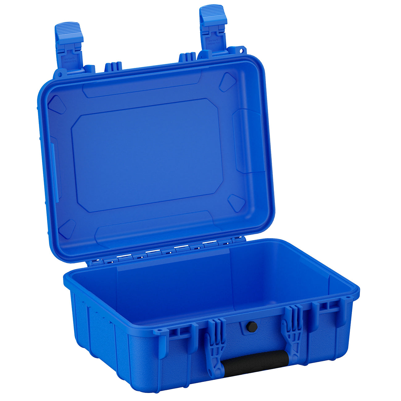 Blue medium-sized hard case open, showing empty interior and sturdy latches with a dimension label of 16 inches.