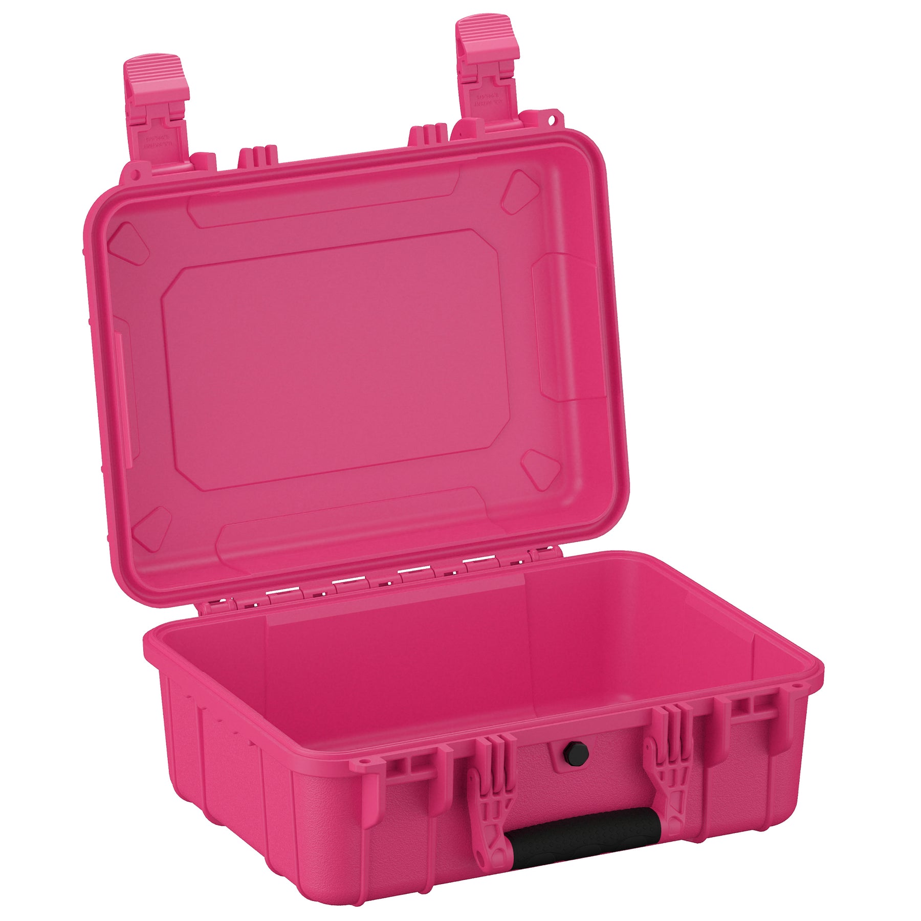 Alt text: "Bright pink, 16-inch medium-sized hard case with the lid open, revealing a deep storage compartment. The case features sturdy latches and a handle, designed for secure and portable storage."