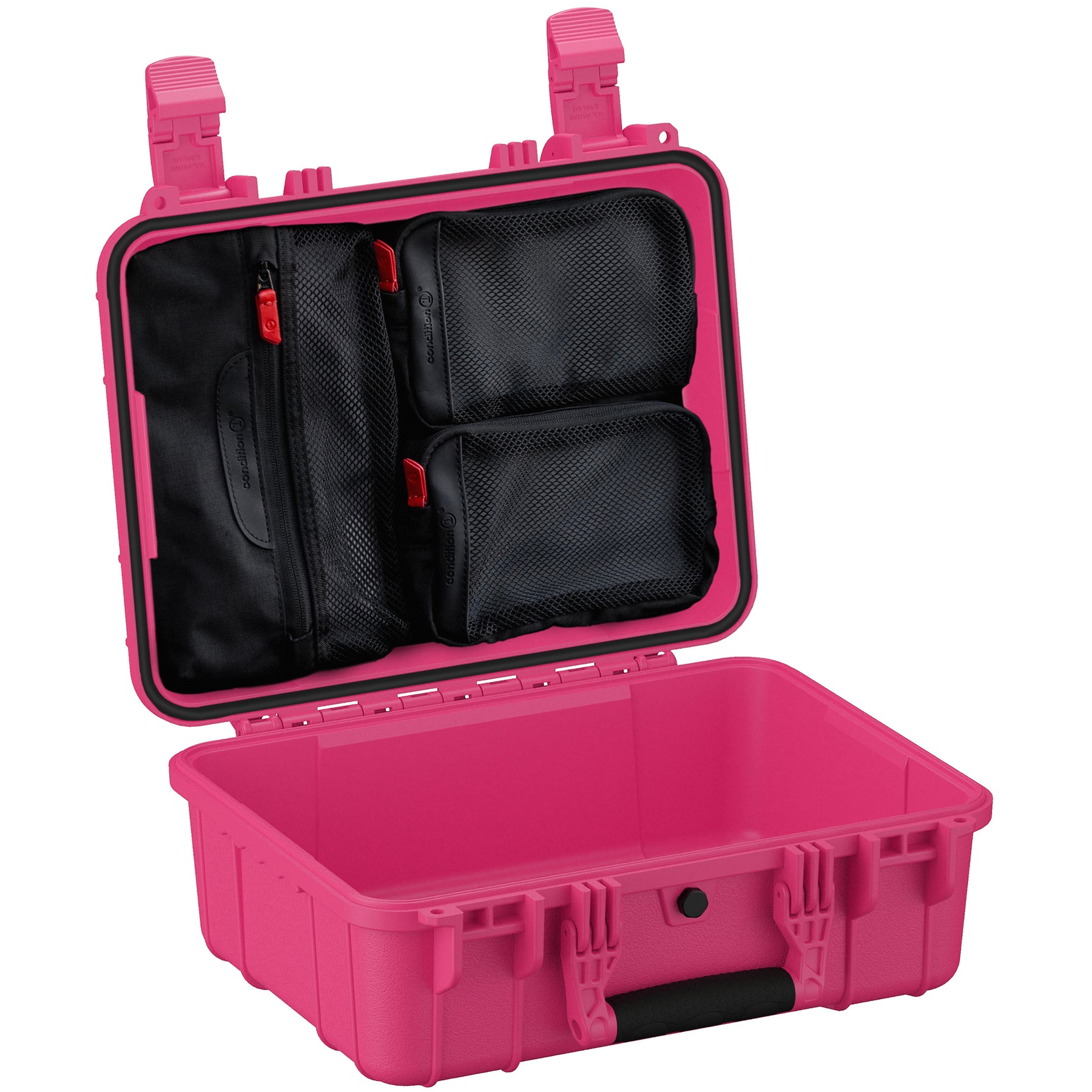 Alt text: Open pink protective case, 16-inch, displaying an organized interior with multiple black mesh compartments and red zipper pulls, ideal for secure storage and transport of delicate equipment.