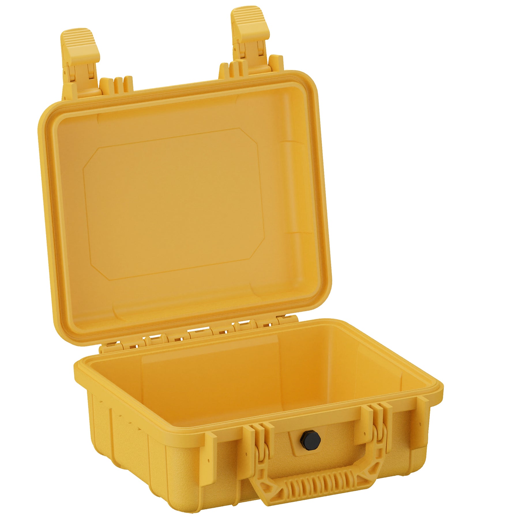 Open yellow 11" small case with a black latch, empty interior, and sturdy handle for storage and transport.