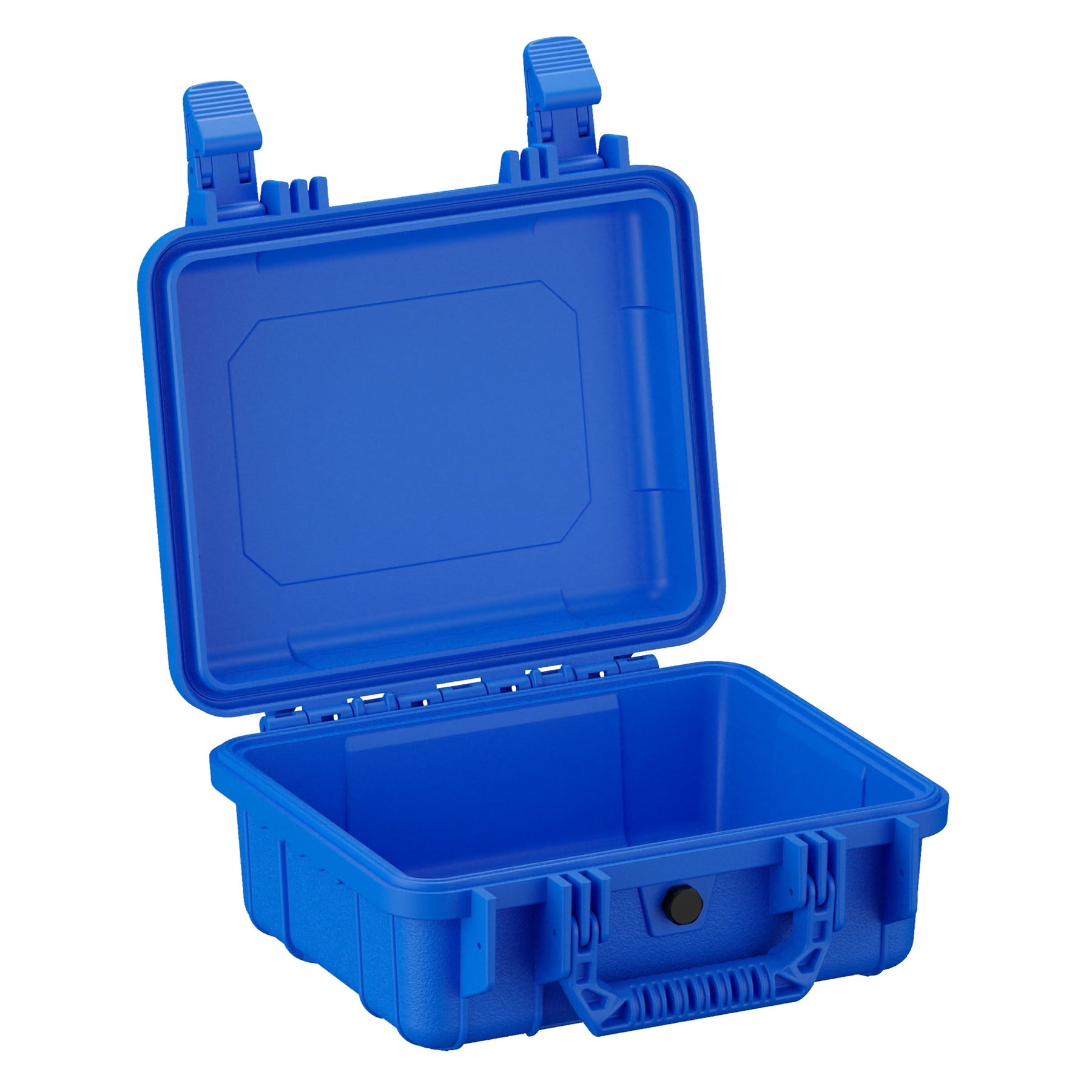 "Open blue hard plastic case sized 11 inches with sturdy clasps, showing empty interior suitable for secure storage of small items."