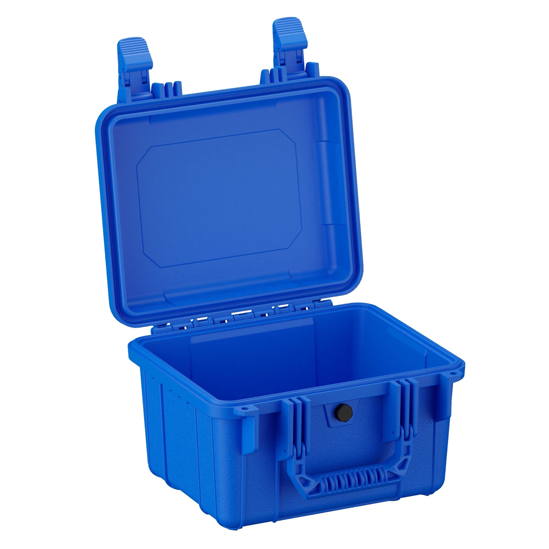 Alt text: "Open 11-inch blue plastic case with durable clasps and a deep storage compartment, showcasing its sturdy design and empty interior."