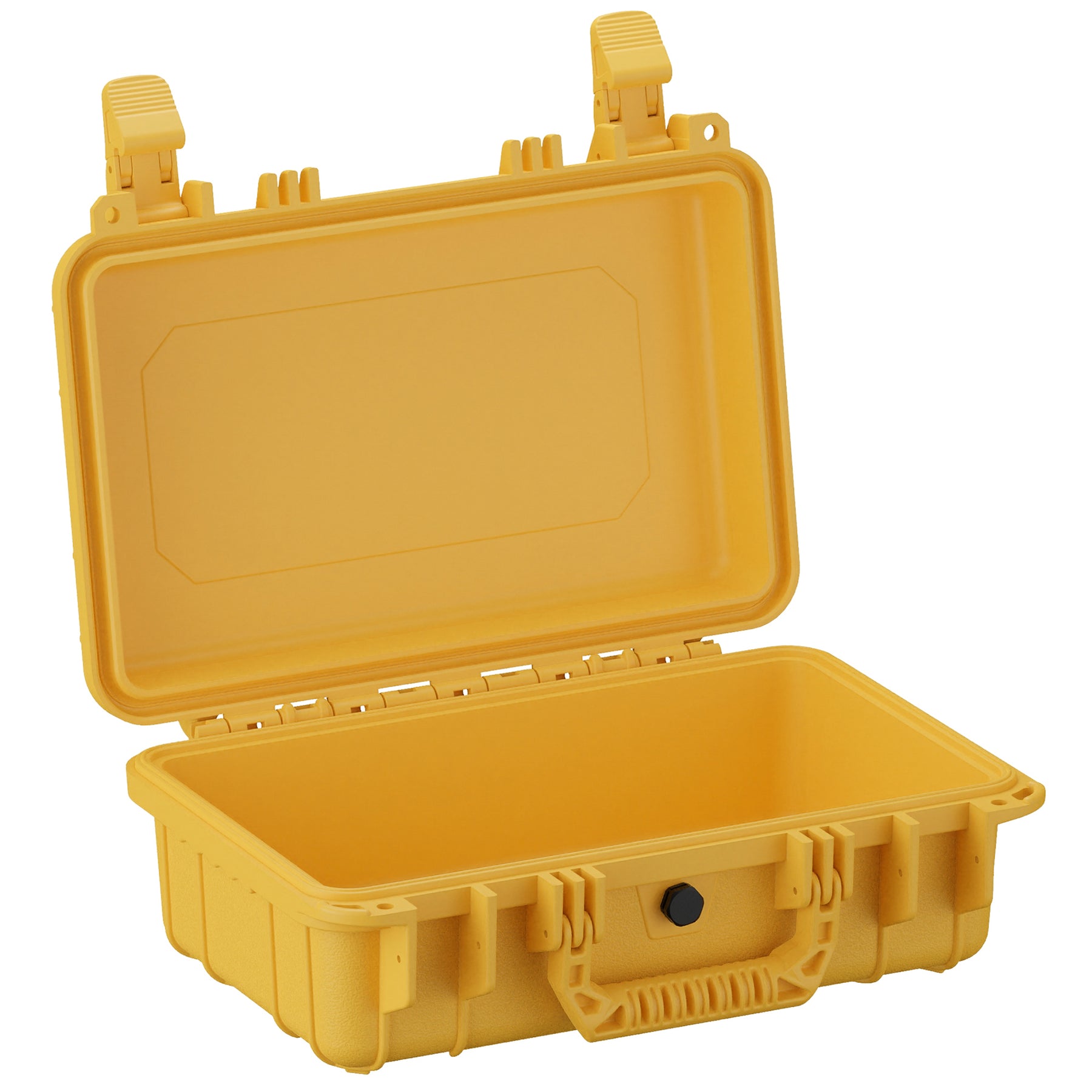 Yellow 13-inch small protective case with a secure latch, open to show empty interior for storage or organization.