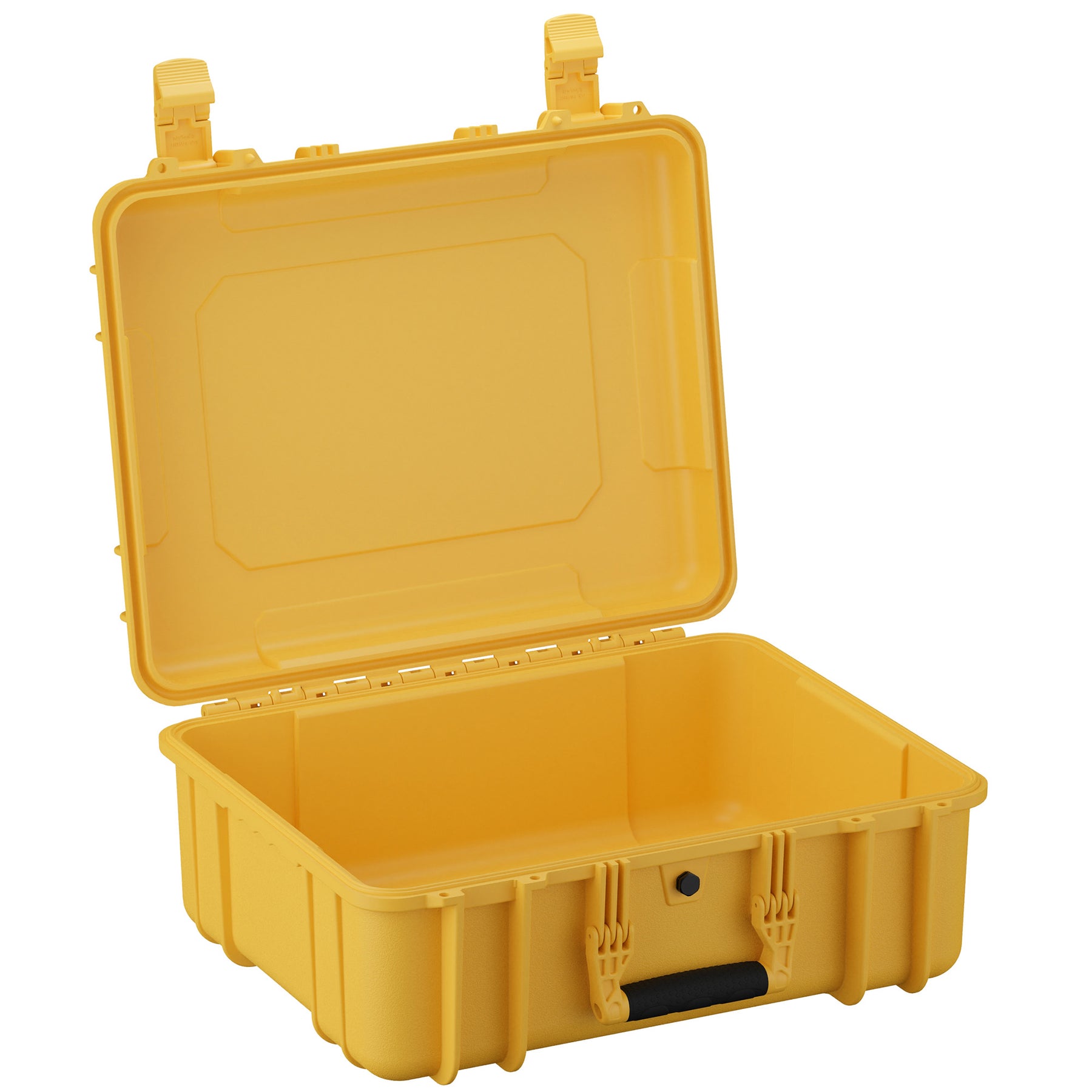 Open yellow 20-inch large protective case with secure latches and black handle, ideal for storage and transport.