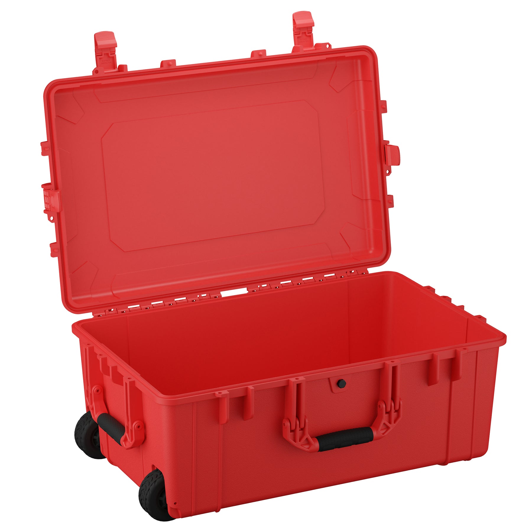 Red 31-inch large protective hard case with wheels and sturdy handles, open lid showing empty interior.