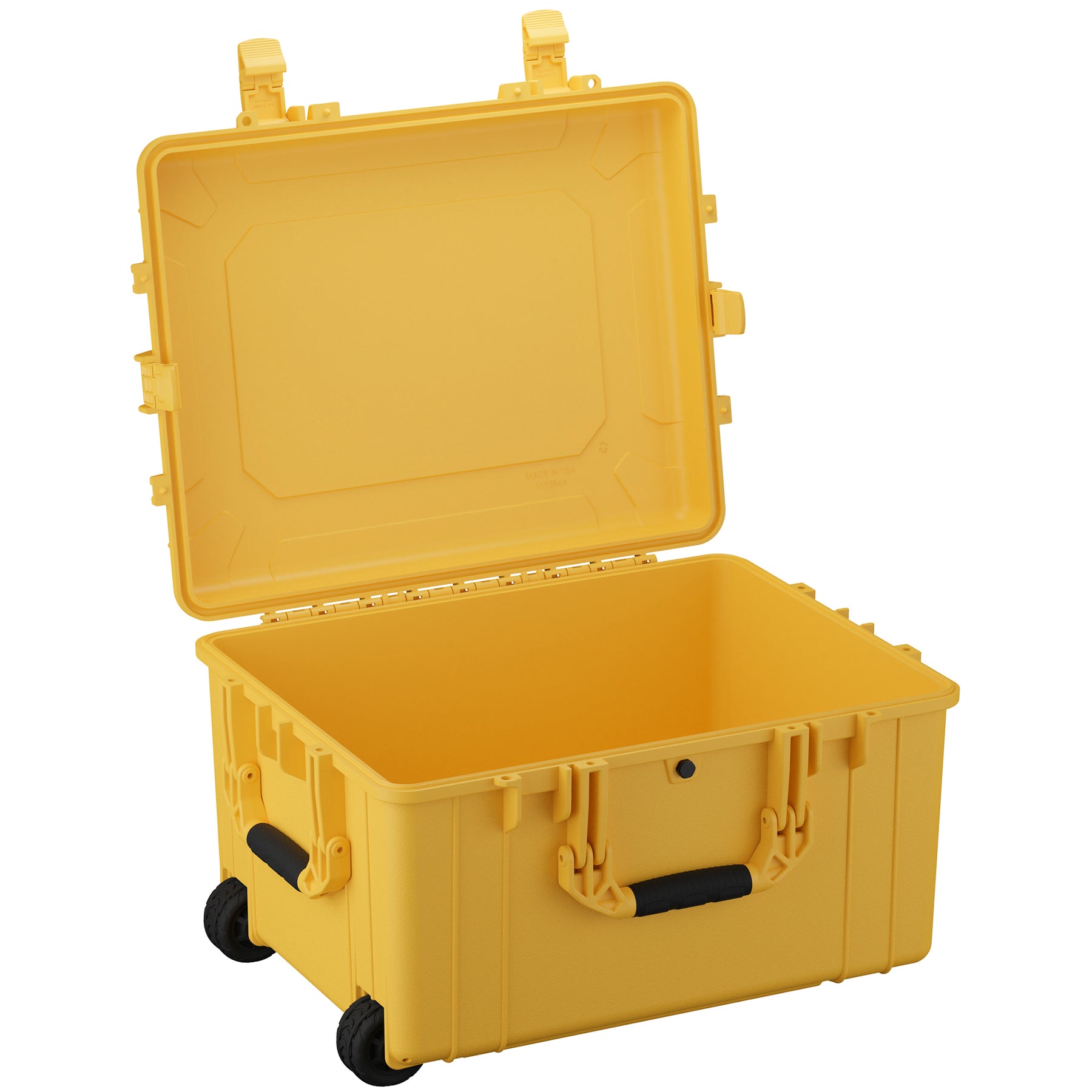 Yellow 25-inch large protective storage case with wheels, open lid, and secure latches for durable transport.