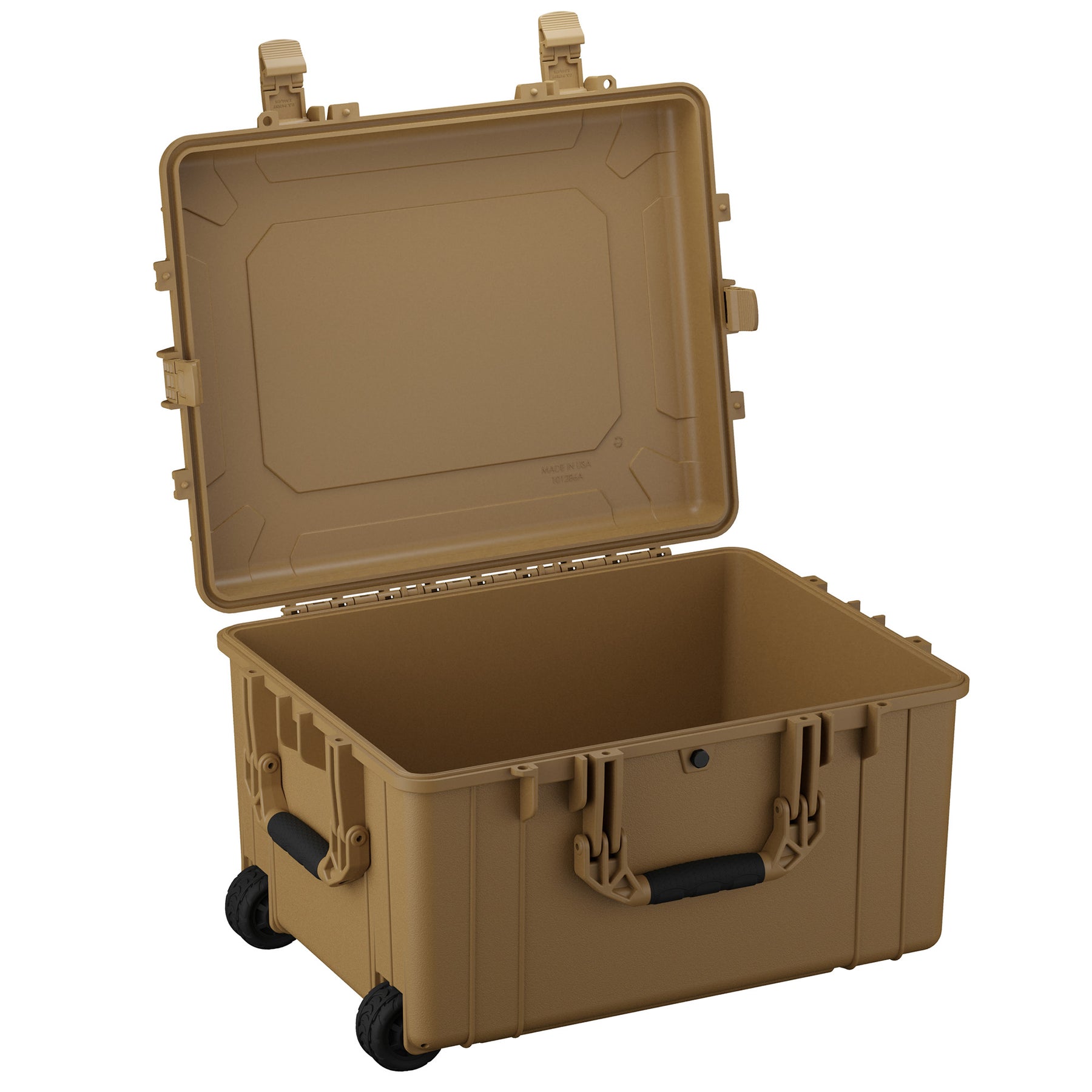 Alt text: Large 25-inch durable case in tan, featuring sturdy latches, robust handle and wheels, with the lid open showcasing the spacious interior.