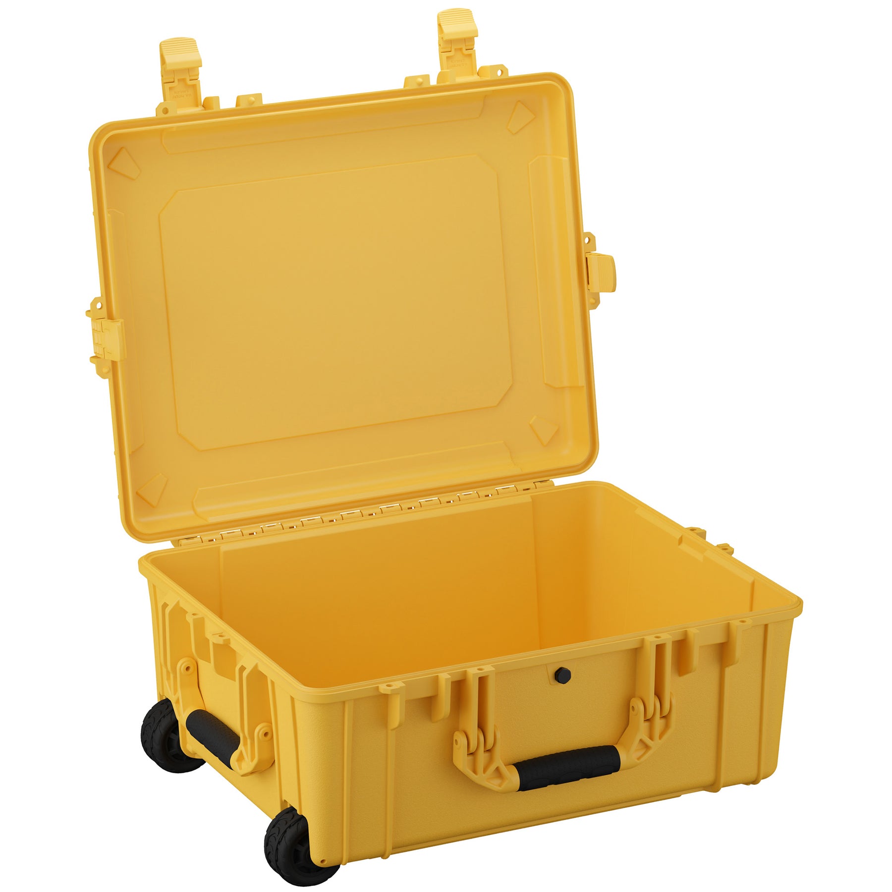Yellow 25-inch large protective case with wheels, open lid, and secure latches for storage and transport.