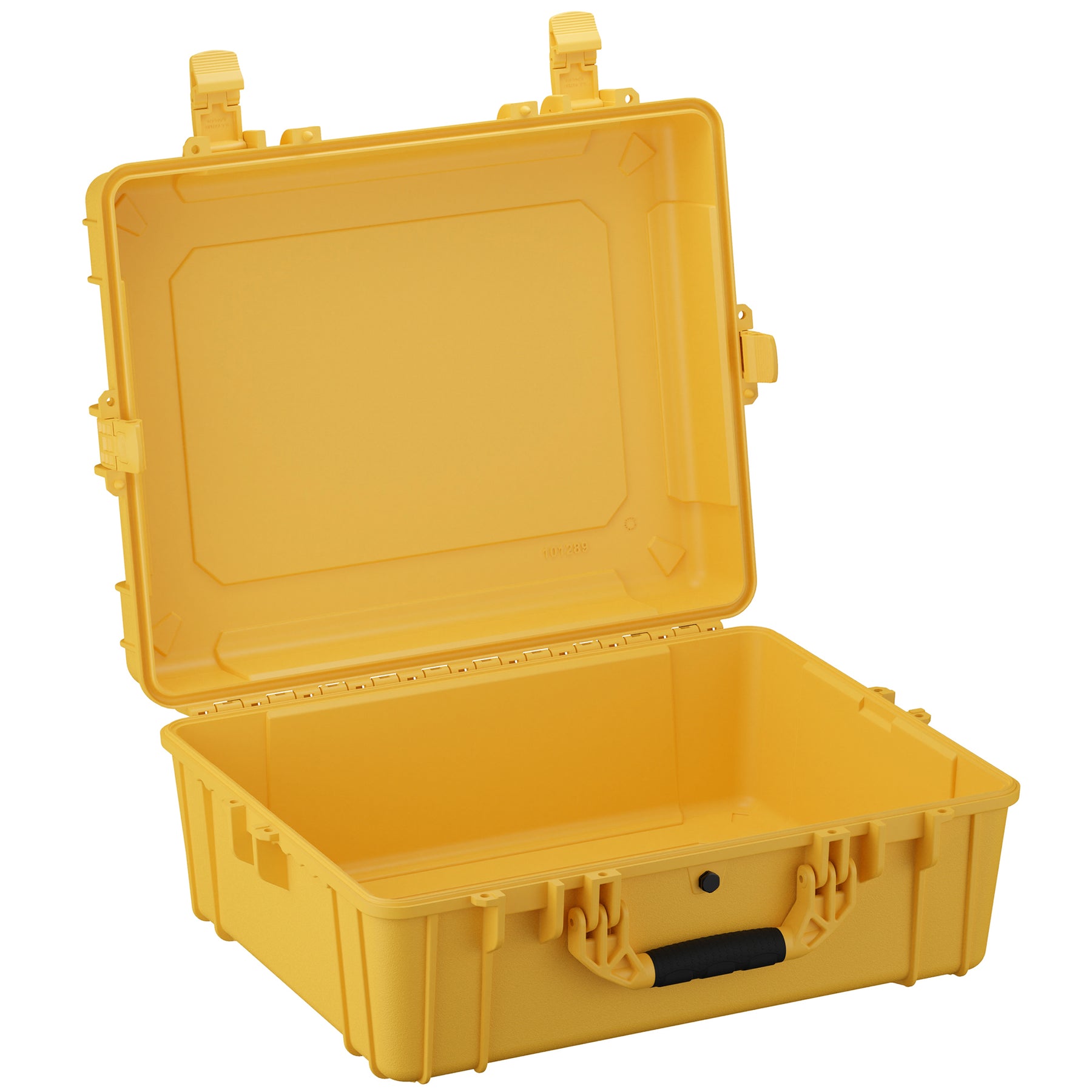 Yellow 25-inch large protective case with open lid, sturdy handle, and secure latches, ideal for storage and transport.