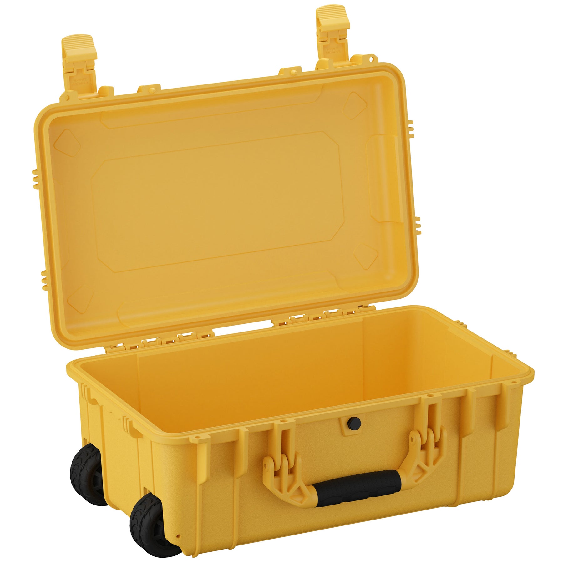 Yellow 22-inch large protective case with wheels, open lid, and sturdy handle for secure storage and transport.