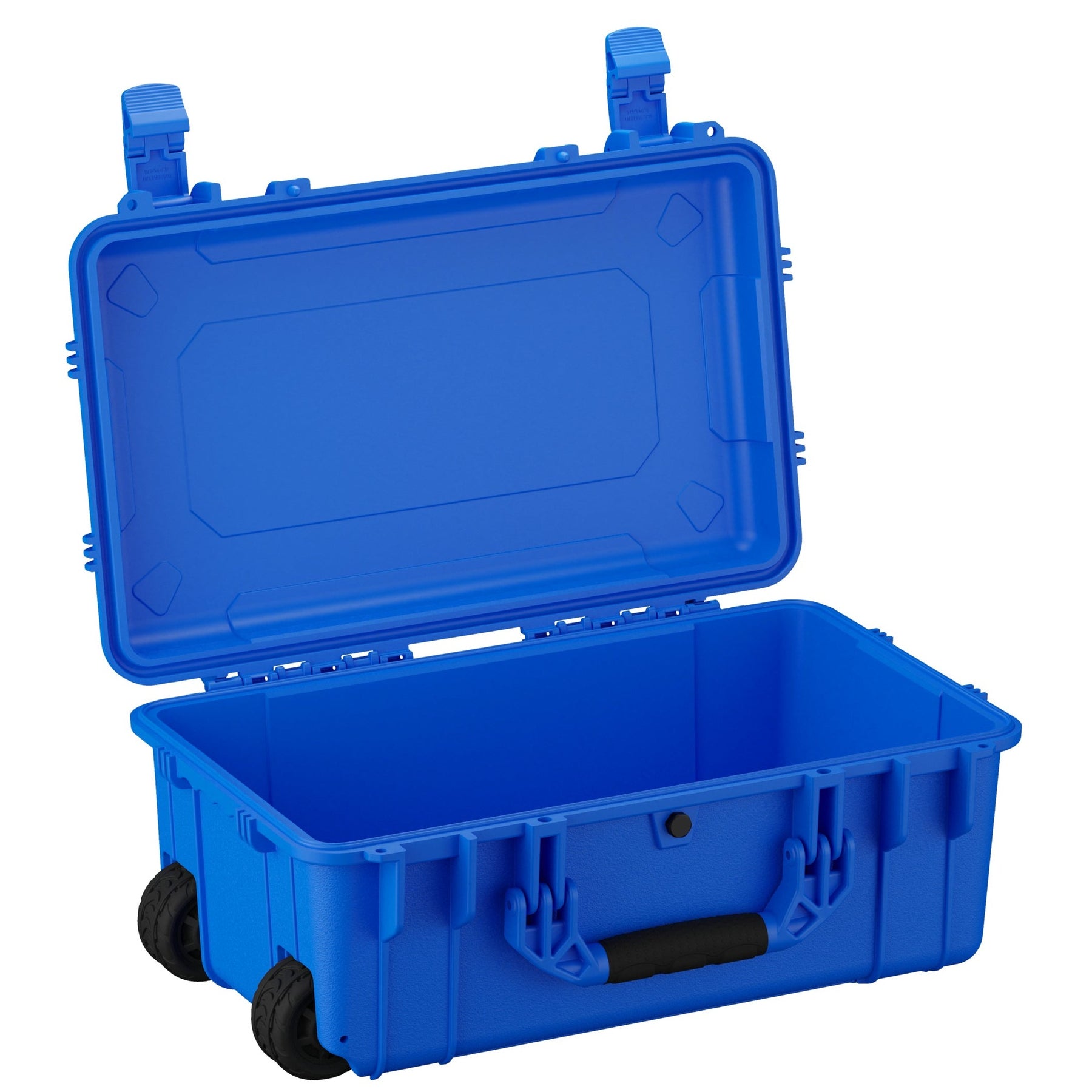 Alt text: Large 22-inch blue hard case with wheels, open to show the deep interior and reinforced corners, featuring two sturdy latches and a handle.