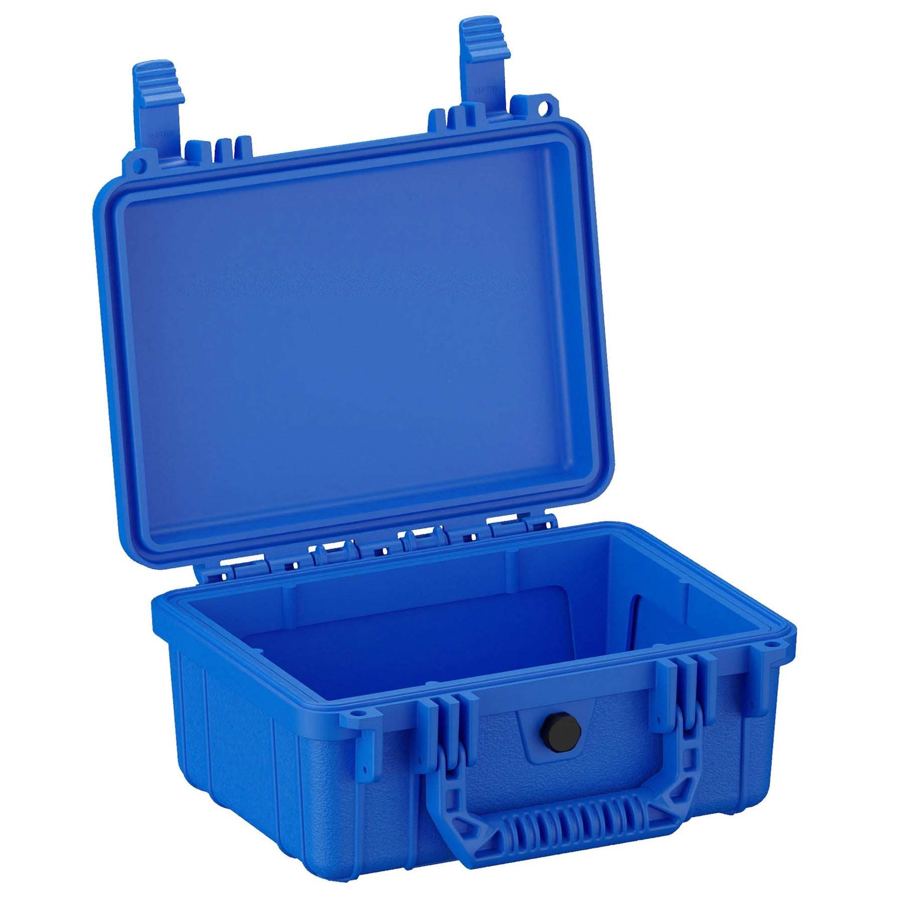 Open blue protective hard case with latches and a solid handle, designed for secure storage and transportation.