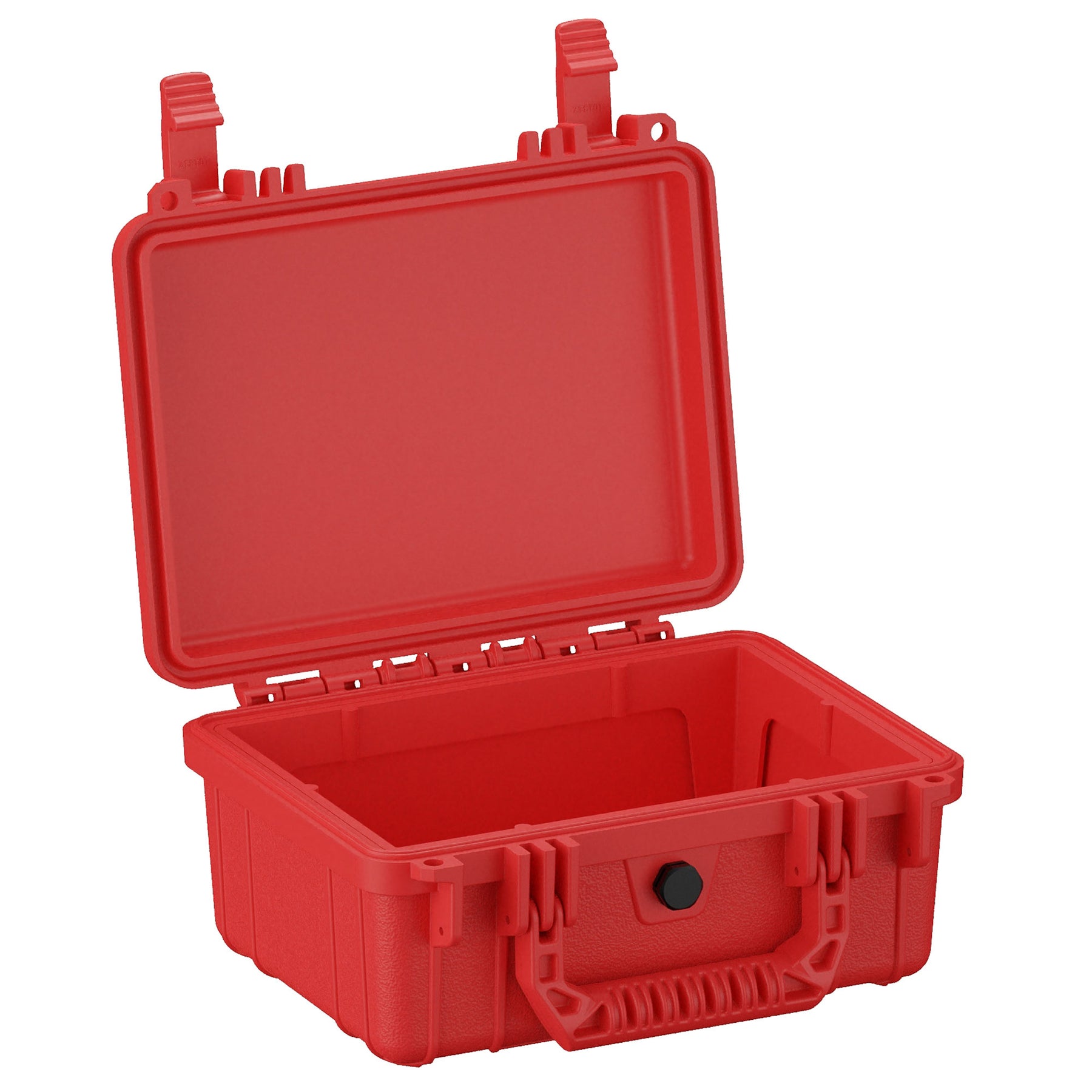 Red hard plastic case, 10 inches, with open lid showcasing empty interior and durable clasps, suitable for storage and protection of items.