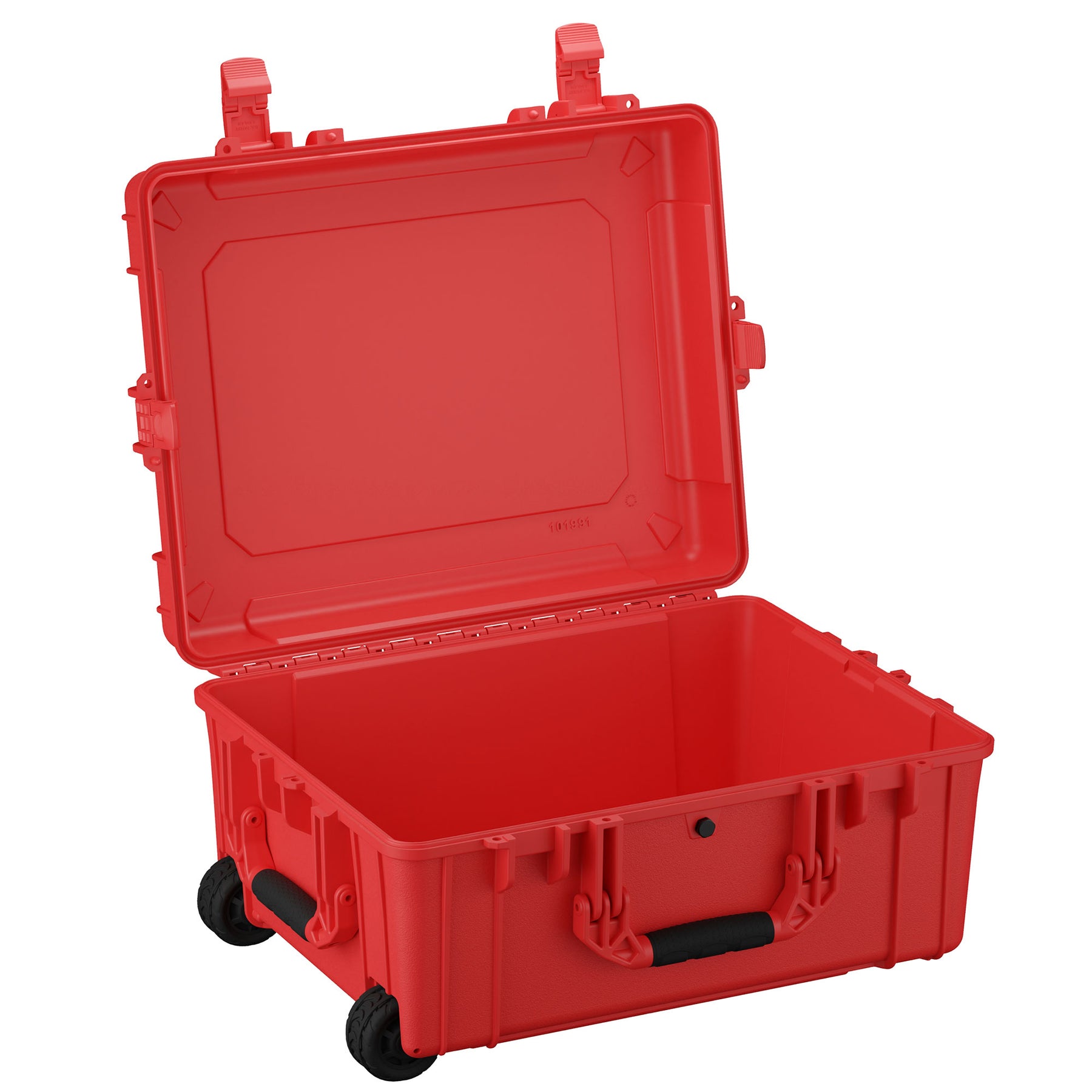Alt text: "Open large red protective case with wheels and sturdy handles, model number 991, featuring reinforced corners and durable clasps, isolated on a white background."