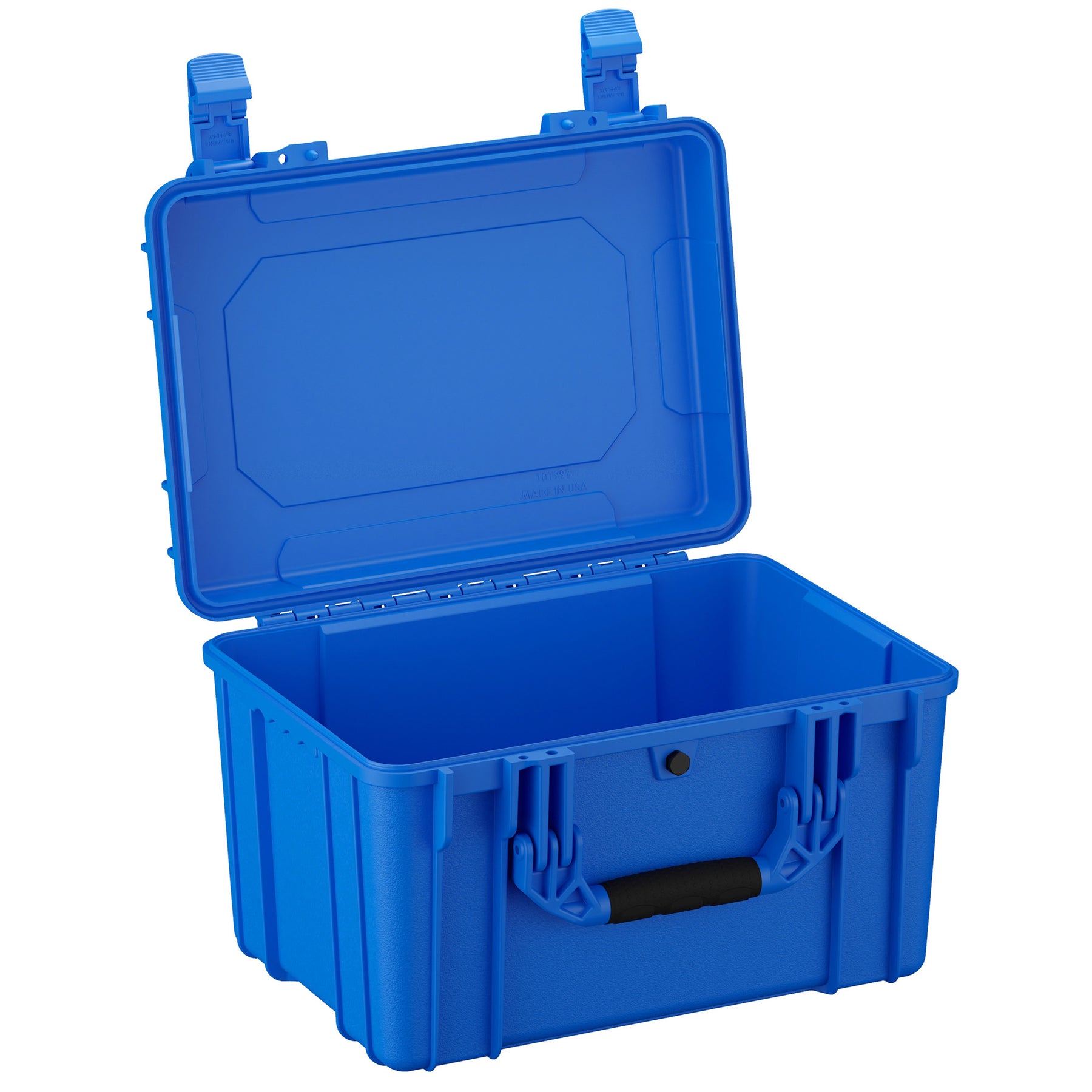 Alt text: Open blue 18-inch medium durable case with sturdy latches and a rugged handle, model number 997, showing interior and lid design.