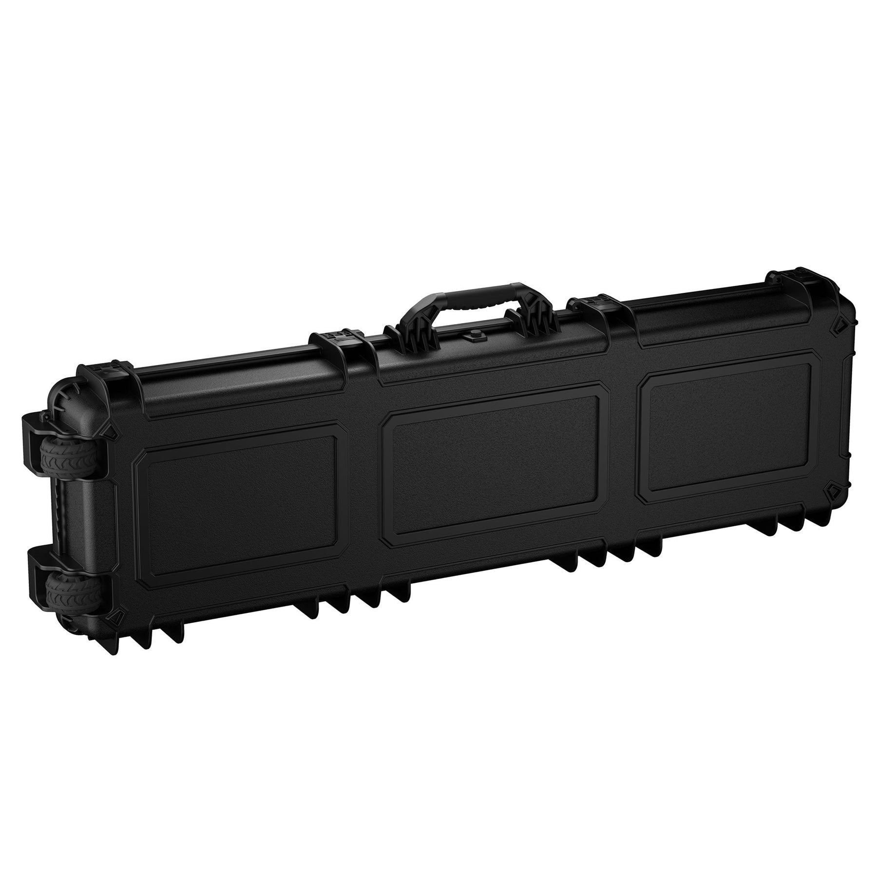 Black 55-inch two-gun case with wheels, handle, and secure latches, designed for firearm transportation and storage.