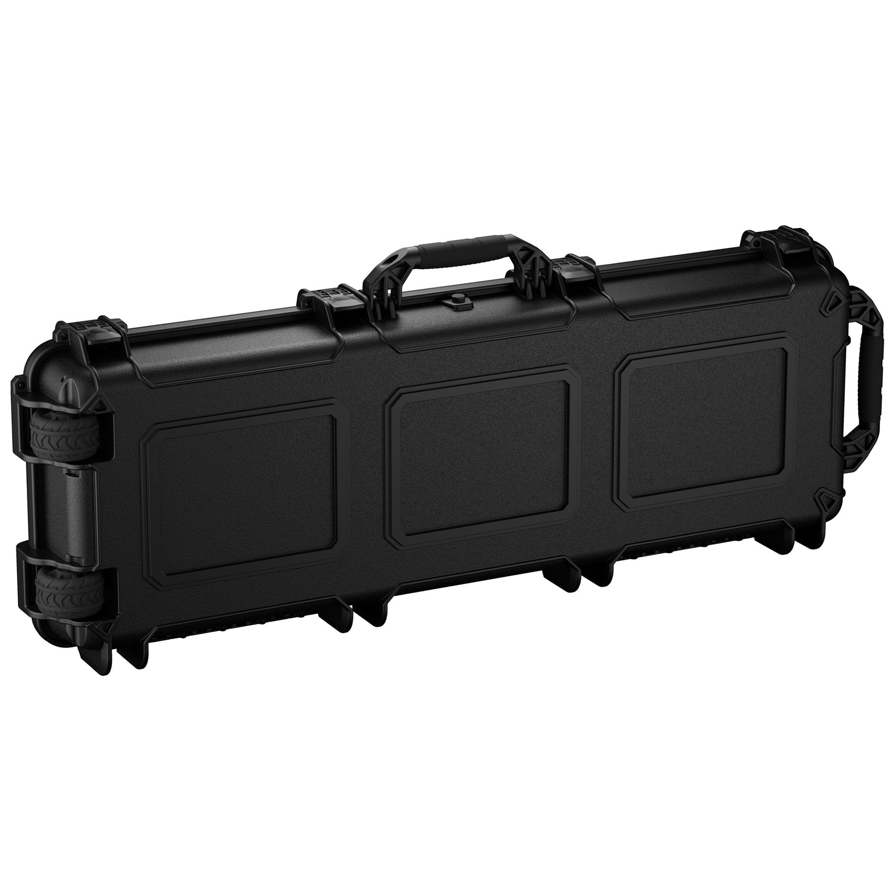 Black 45-inch AR15 rifle case with sturdy handle, wheels, and secure latches for firearm storage and transport.