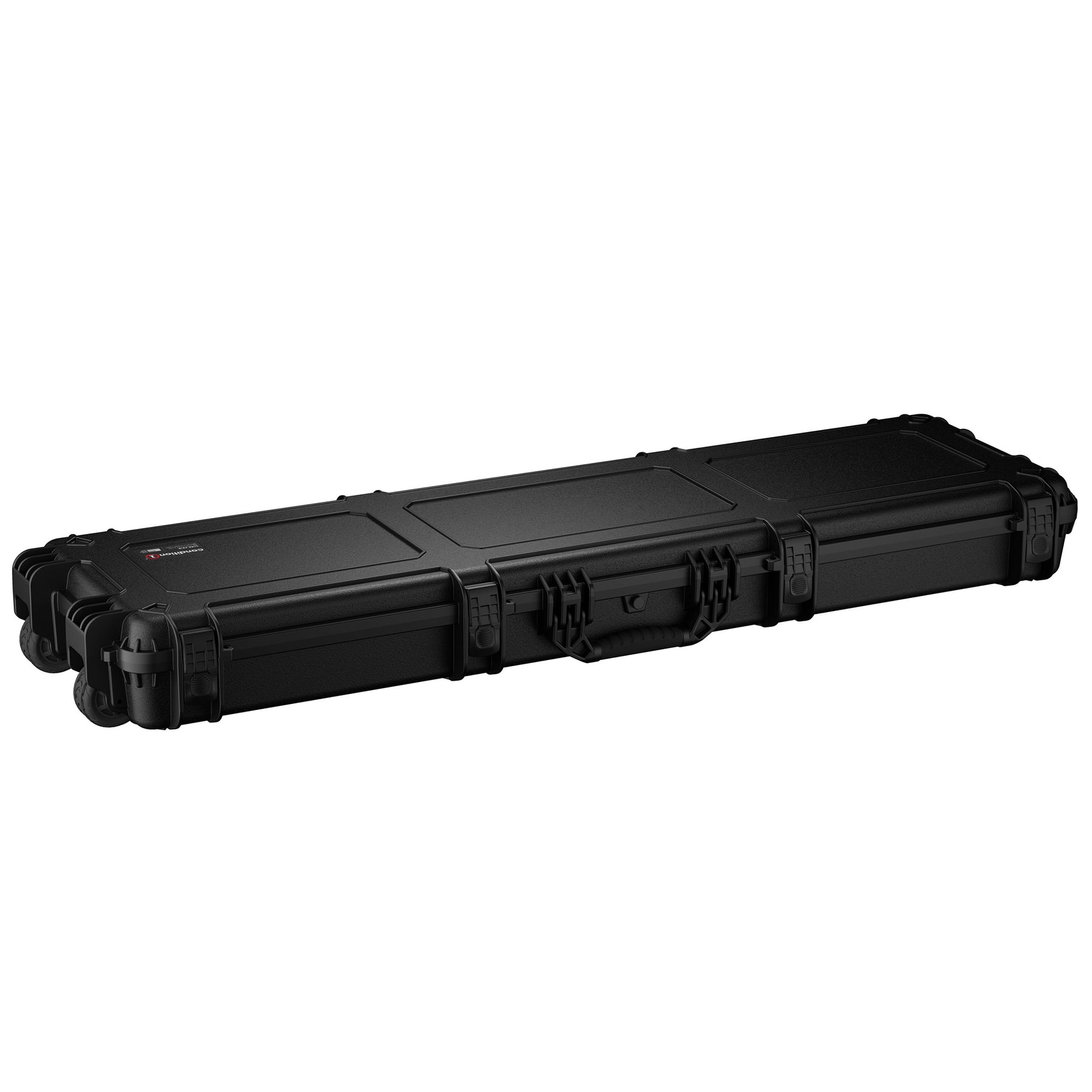 Black 55-inch two-gun hard case with secure latches and protective padding, designed for firearm storage and transport.