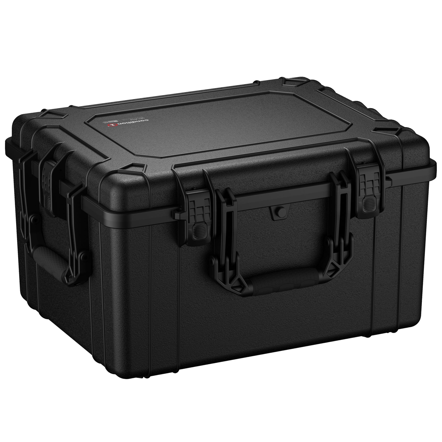 Alt text: "25-inch large black rugged protective case with durable handles and secure locking mechanisms, featuring reinforced corners and a textured, non-slip surface."