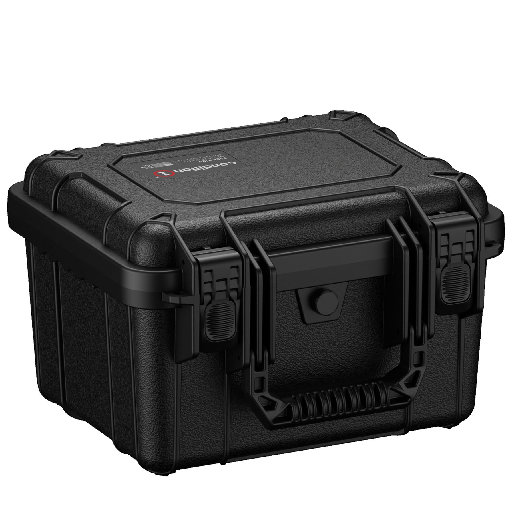 Alt text: "Black rugged small case, 11 inches, featuring durable latches, a handle, and logo on top, designed for secure and protective storage."
