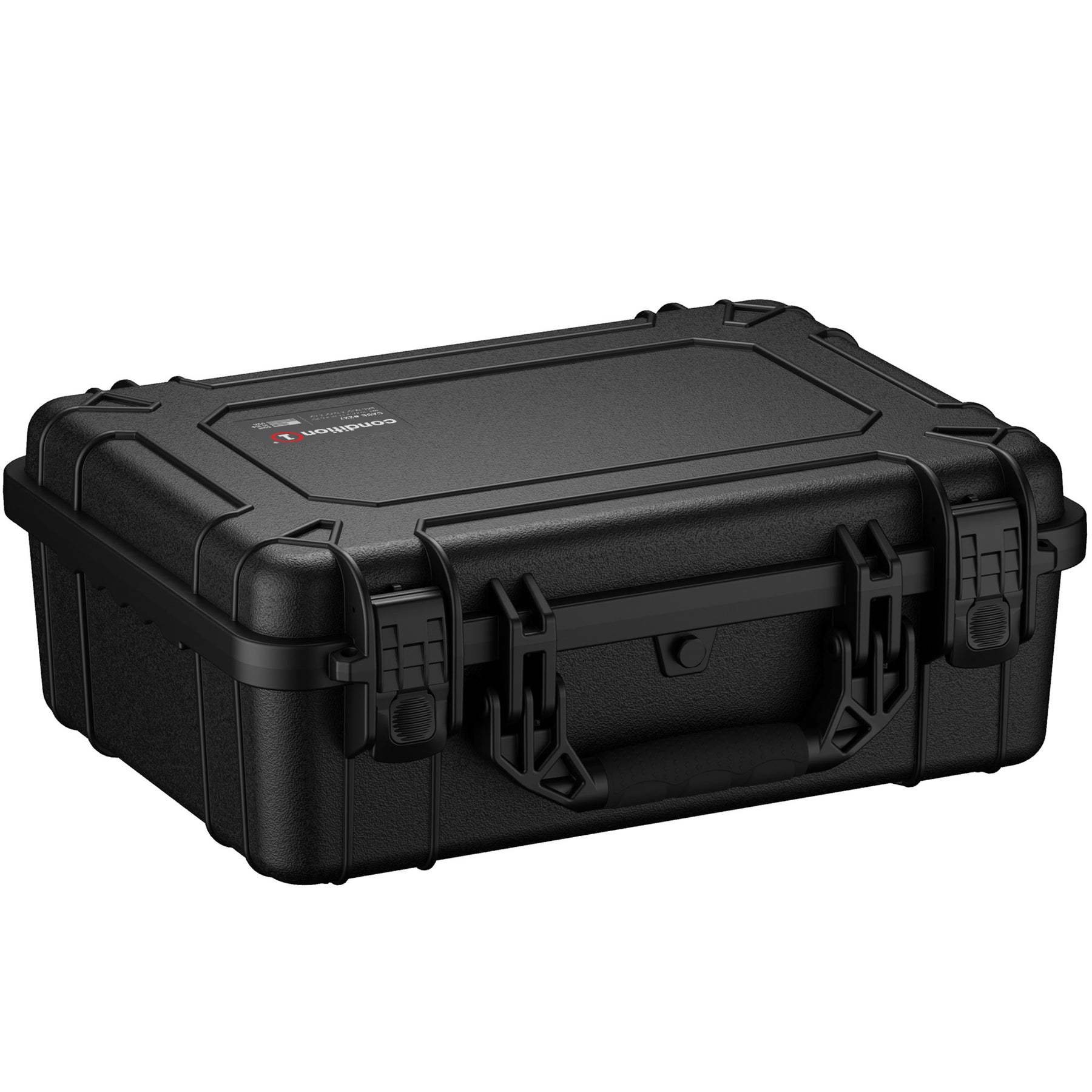 Alt text: "Black 20-inch large rugged protective case with dual locking clasps, designed for durability and secure transport, featuring a branded logo on the lid."