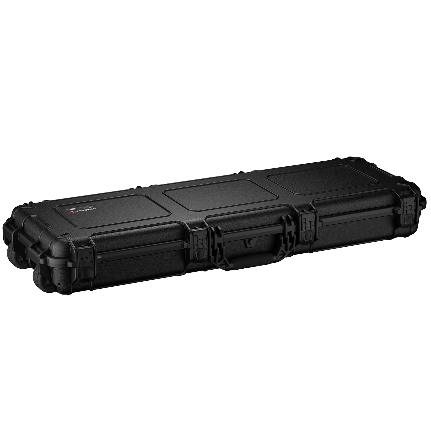 Black 45-inch AR15 rifle case with secure latches, wheels, and foam interior for firearm protection and transport.