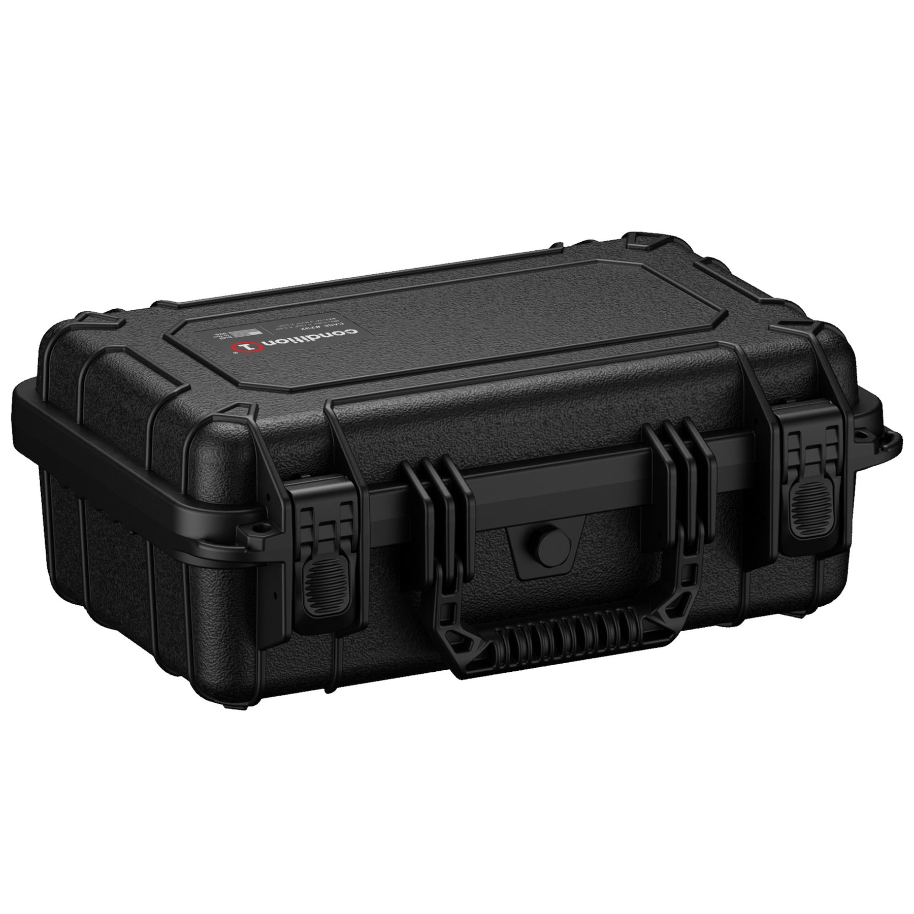 Black 13-inch small protective hard case with robust handles and secure latches, featuring a logo on top.