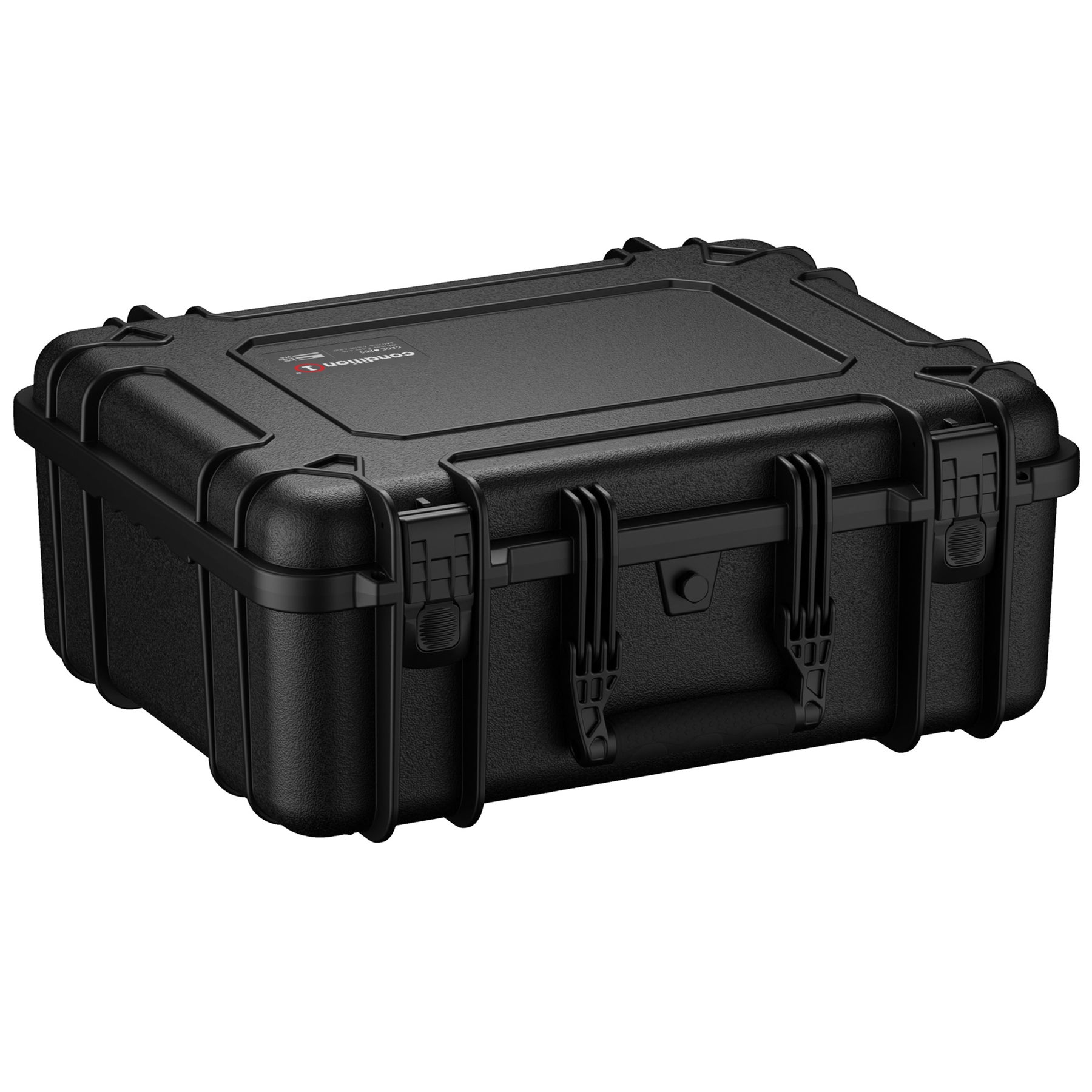 Alt text: Black 20-inch large rugged protective case with dual locking clasps and textured exterior, featuring logo placement on the top center.