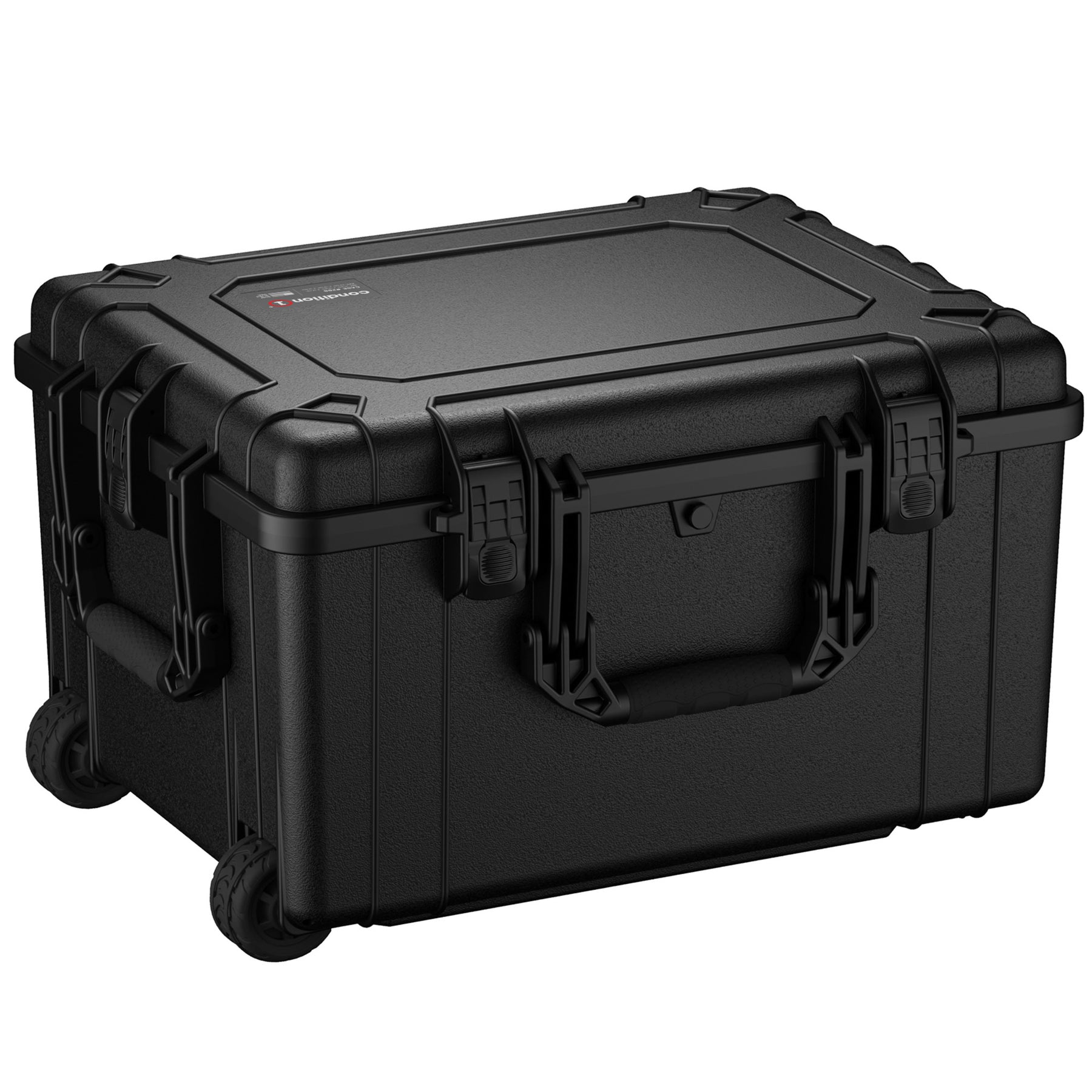 Alt text: "Durable 25-inch black protective case with sturdy wheels and side handles, featuring secure locking mechanisms and textured exterior, ideal for equipment storage and transportation."