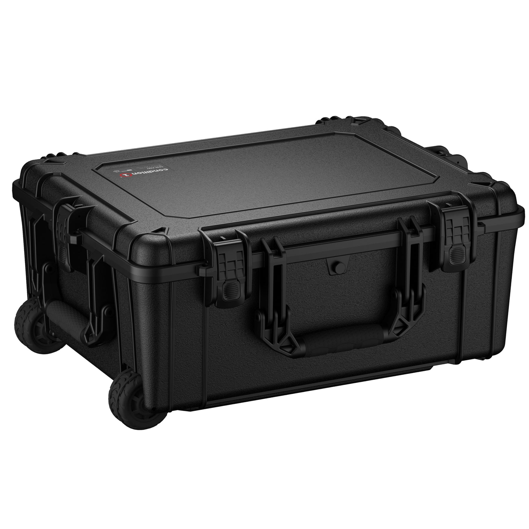 Black rugged 25-inch large protective case with wheels and reinforced corners, featuring secure double-throw latches and a durable handle.