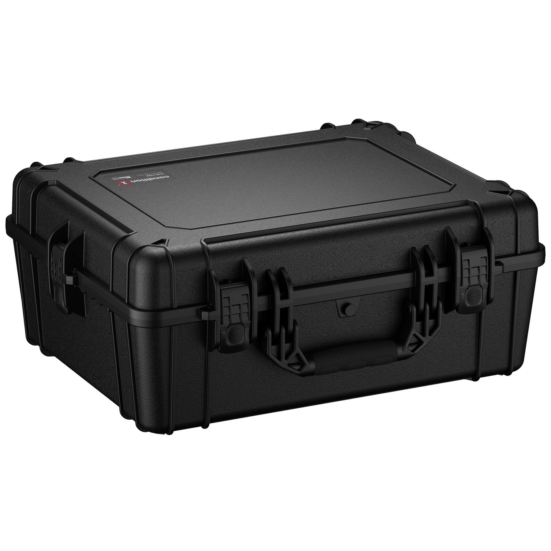 Alt Text: "25-inch large rugged black protective case branded with a red logo, featuring dual locking mechanisms and a sturdy handle, ideal for secure storage and transportation of valuable equipment."