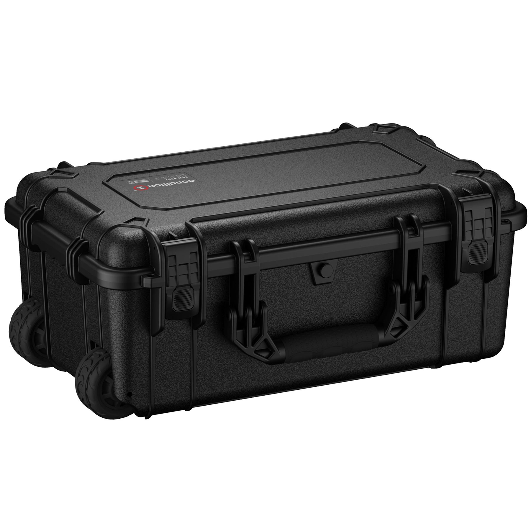 Alt text: "Black 22-inch large rugged protective case with wheels and dual handles, featuring secure lock mechanisms and a durable exterior, ideal for equipment storage and protection."