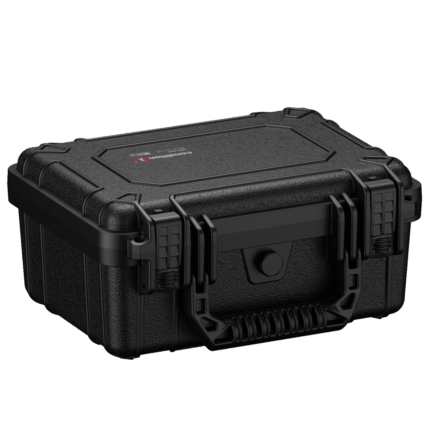 Black, rugged 10-inch protective case with sturdy handles and secure locking mechanism, featuring reinforced corners and textured exterior surface for durability.