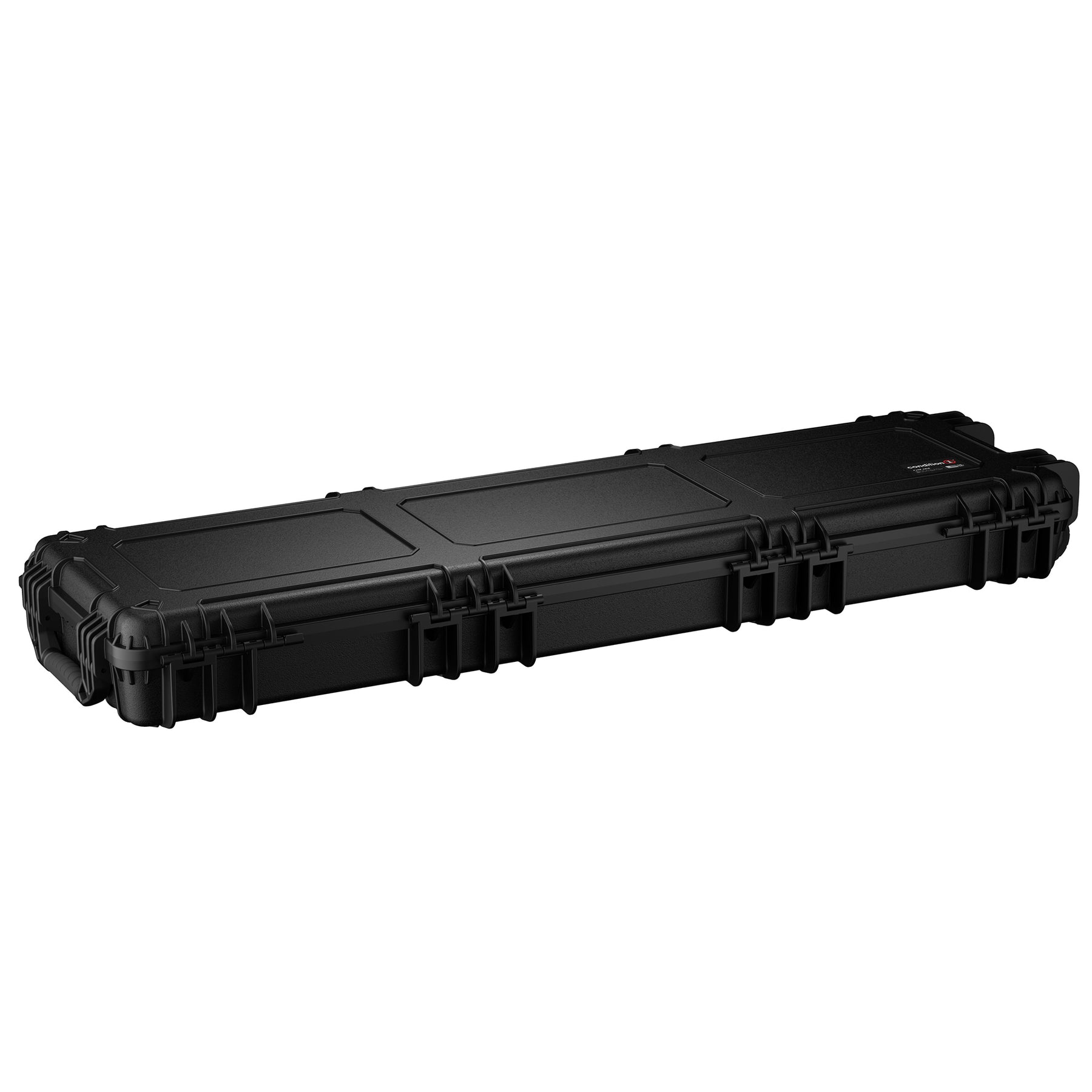 Black 55-inch two-gun hard case with secure latches and padded interior for firearm storage and transport.