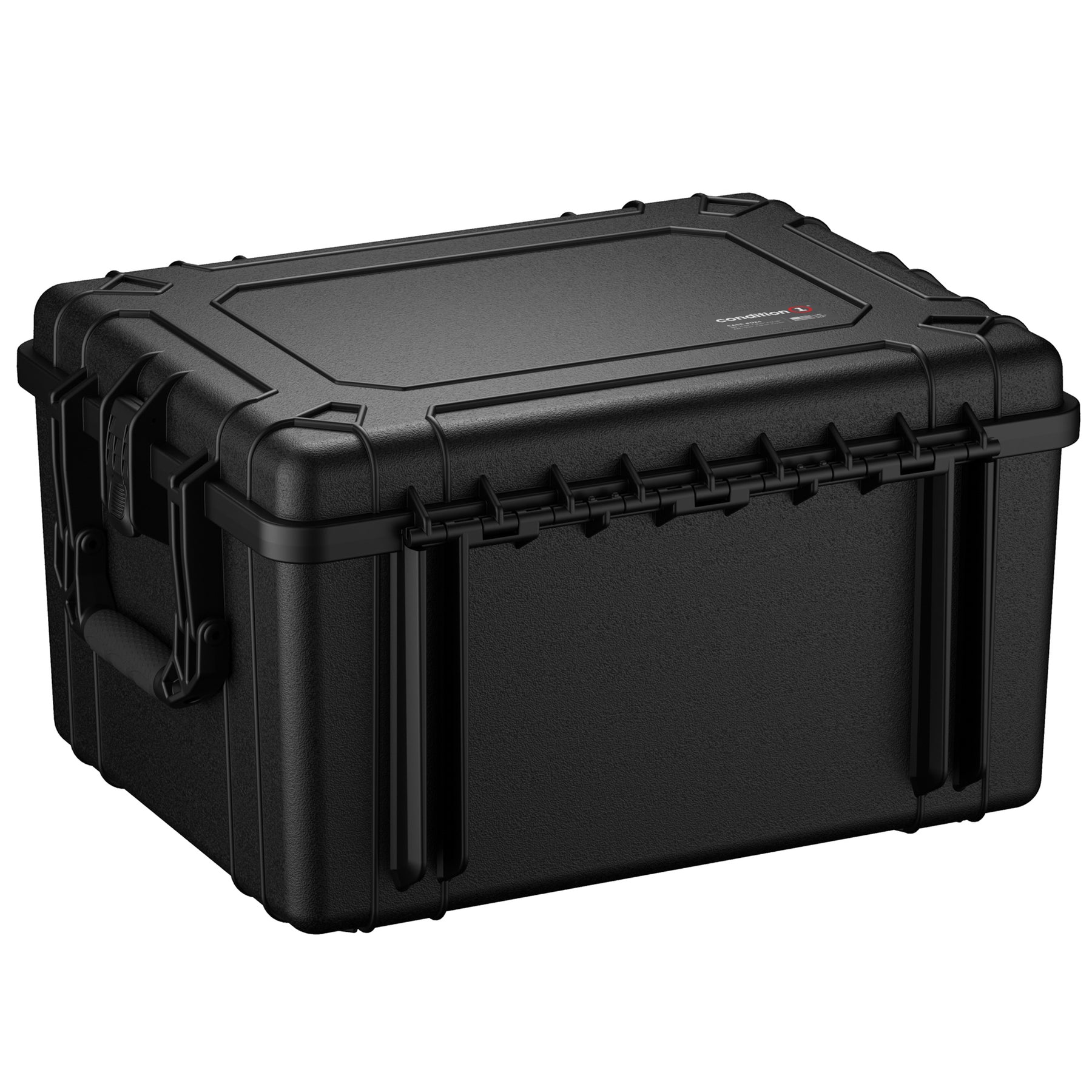Black 25-inch rugged protective hard case with durable handles and secure latches, ideal for storing and transporting sensitive equipment.