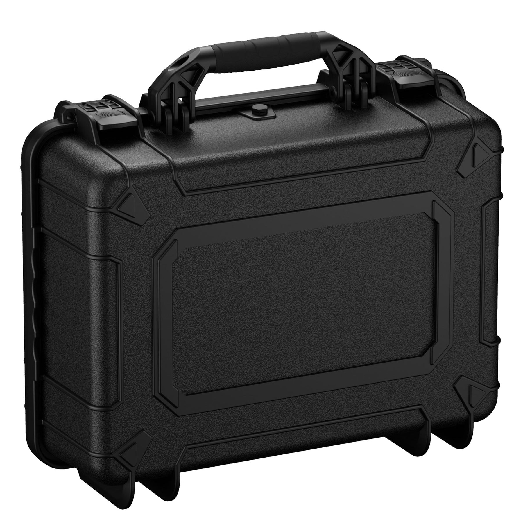Alt text: Black 20-inch hard case designed for holding six pistols, featuring a rugged exterior, dual locking latches, and a sturdy carrying handle.